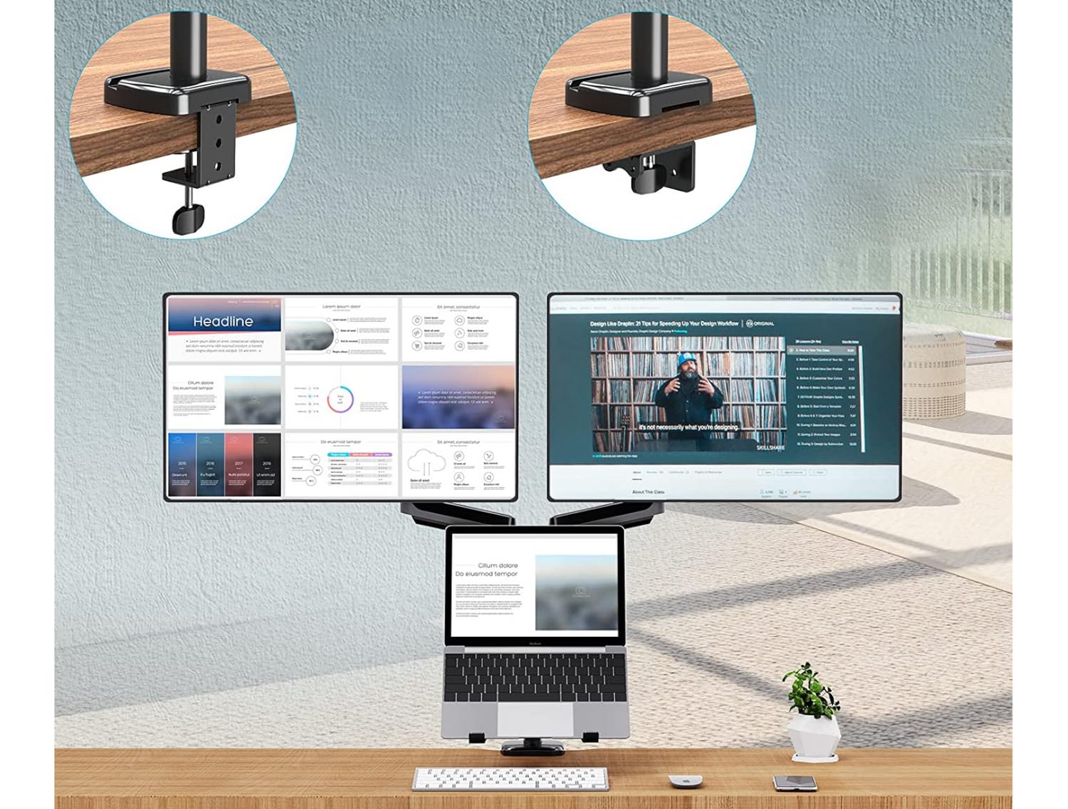 TriMount Uchwyt Biurkowy na 2 Monitory i Laptop 13–32” | Regulowany, Obrotowy, Ergonomiczny | VESA 75x75 / 100x100 | Ramię do Monitorów i Laptopa