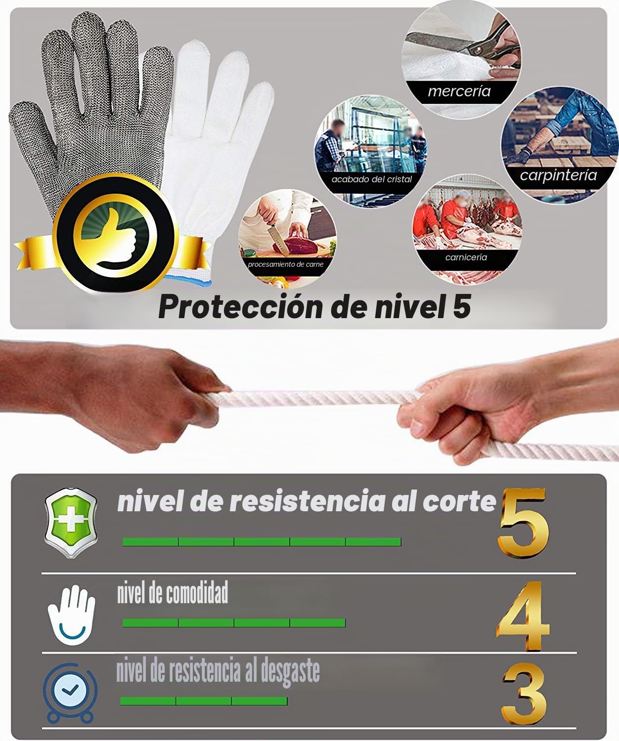 Guante de seguridad de malla de acero inoxidable anticortes para carniceros, talle L, de alto rendimiento, con nivel 5 de protección, color azul