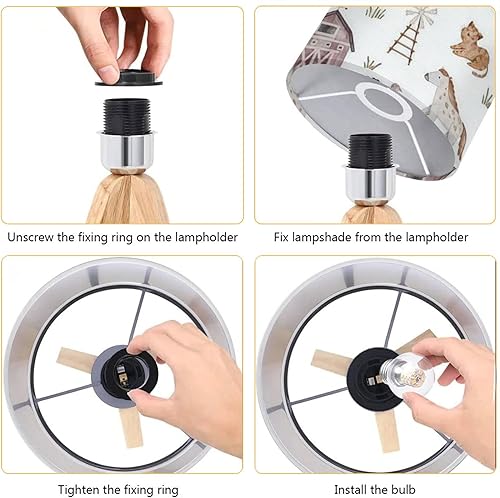 Miniatura 7 de Lámpara de mesa con trípode, acuarela, sin costuras, animales de granja, moderna, regulable, lámpara de escritorio, base de madera, pantalla de tela