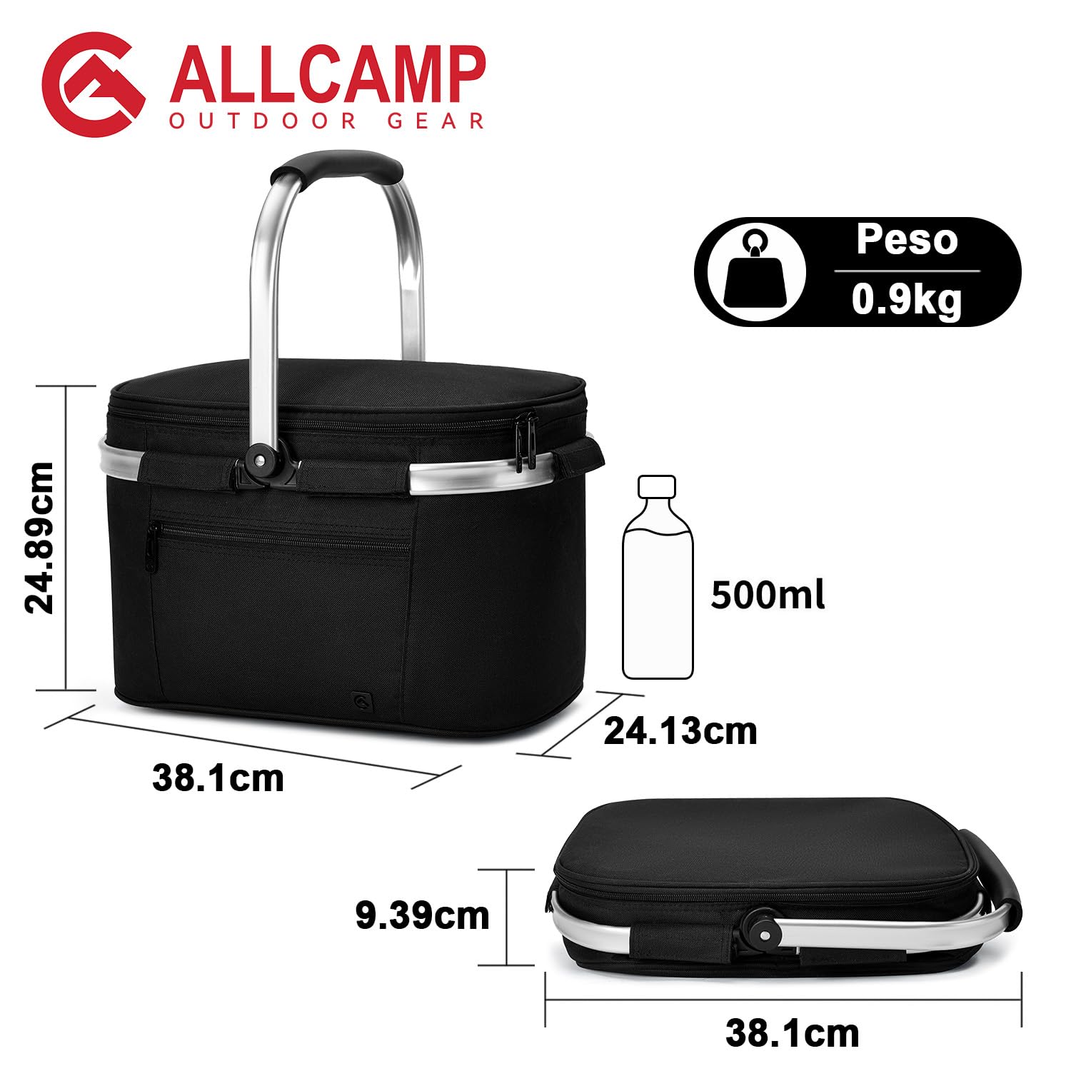 ALLCAMP Cestino Picnic Pieghevole - Cestino Per la Termico per Alimenti Freddi con Coperchio,Cestino Picnic Rimovibile,Cestino Termico con Telaio in Alluminio,Borsa Frigo Spesso（Piccolo-nero）