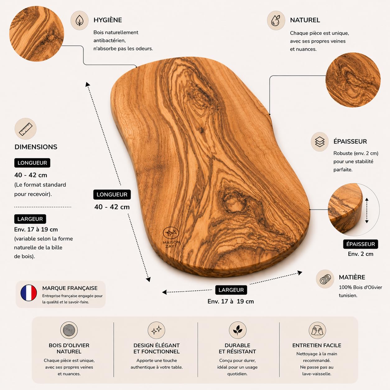 Planche de Présentation Apéritif en Bois d'Olivier Massif - Plateau Charcuterie Fromage Tapas 40cm - Design Live Edge Bord Naturel - Artisanat Tunisien - Idée Cadeau Originale