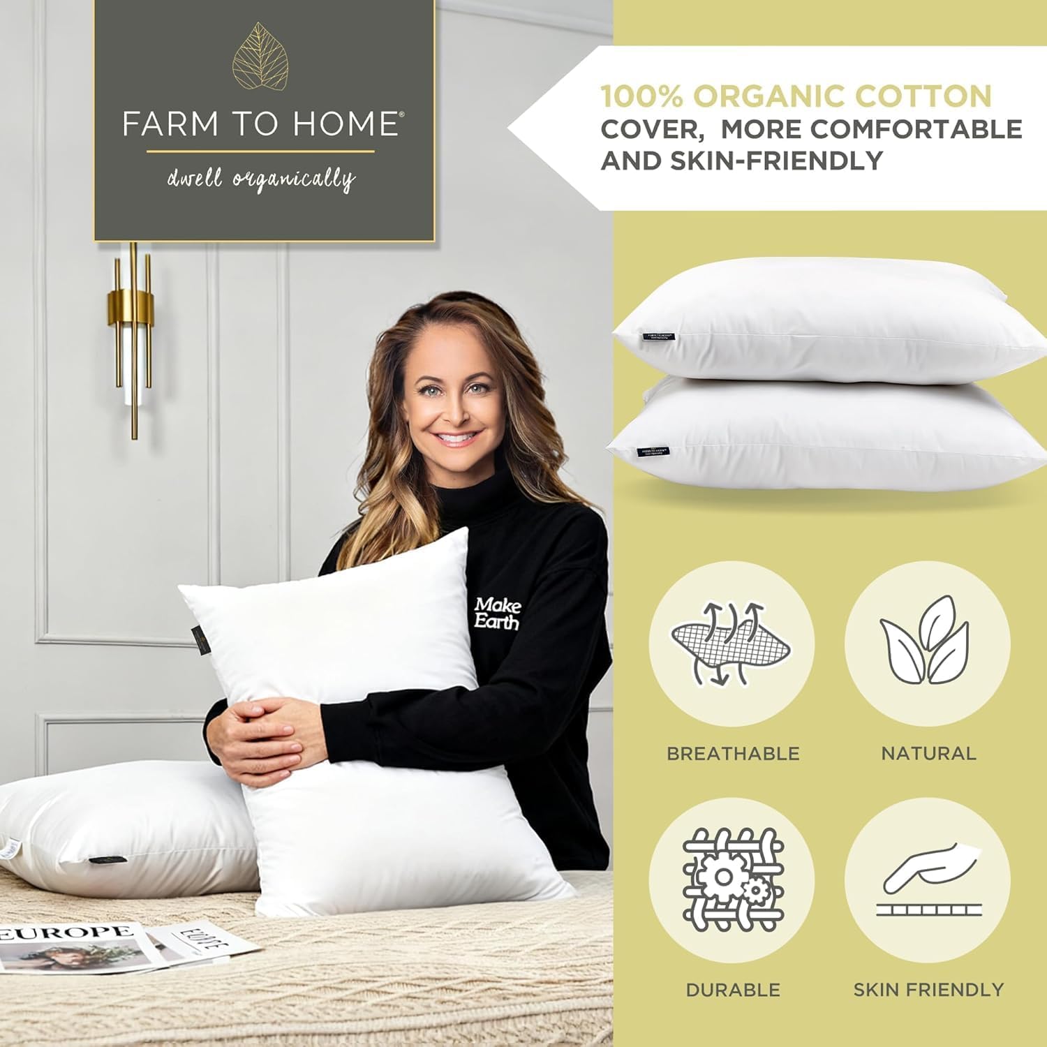 Farm To Home 100% Organic Cotton Cover Pillows King Size Set of 2, Down Alternative Hotel Quality Soft Bed Pillow for Back & Side Sleepers, Machine Washable, 20"x36", White - Image 5