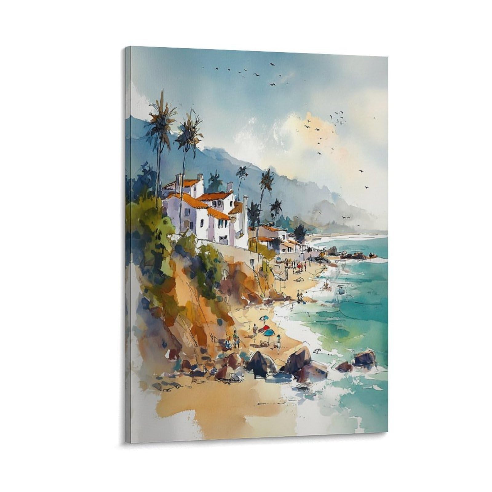 XWYMXZ Laguna Beach Watercolor Painting Coastal Travel Posters 20x30inch(50x75cm) Vintage Watercolor Canvas Art