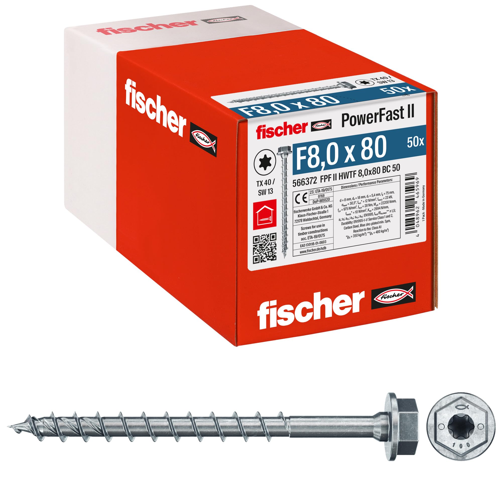 Fischer Viti PowerFast FPF II 8.0x180 Mm - Per Legno, Testa Svasata Torx, Zincate, 50 Pezzi, 566337