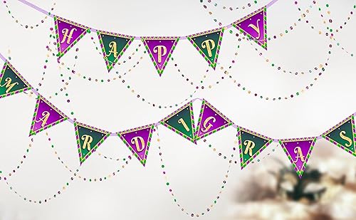 Miniatura 5 de Juego de pancartas y guirnaldas de cuentas de papel para decoración de Mardi Gars, banderines triangulares de bandera para Mardi Gras y suministros