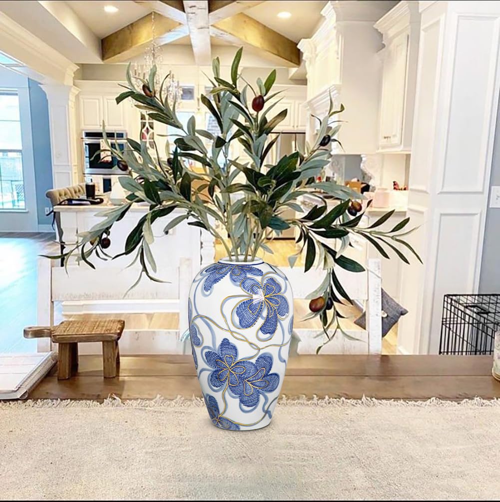 Jarrón de cerámica azul y blanco con adornos dorados, jarrón de flores pintado a mano de estilo asiático, accesorio para el hogar, altura 23 cm, ideal para flores secas, decoración o regalo