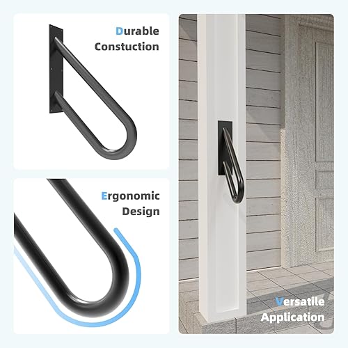 Miniatura 4 de Pasamanos para escalones al aire libre, montaje en pared, barandillas para 1-2 escalones, pasamanos en forma de U con acabado negro mate, pasamanos