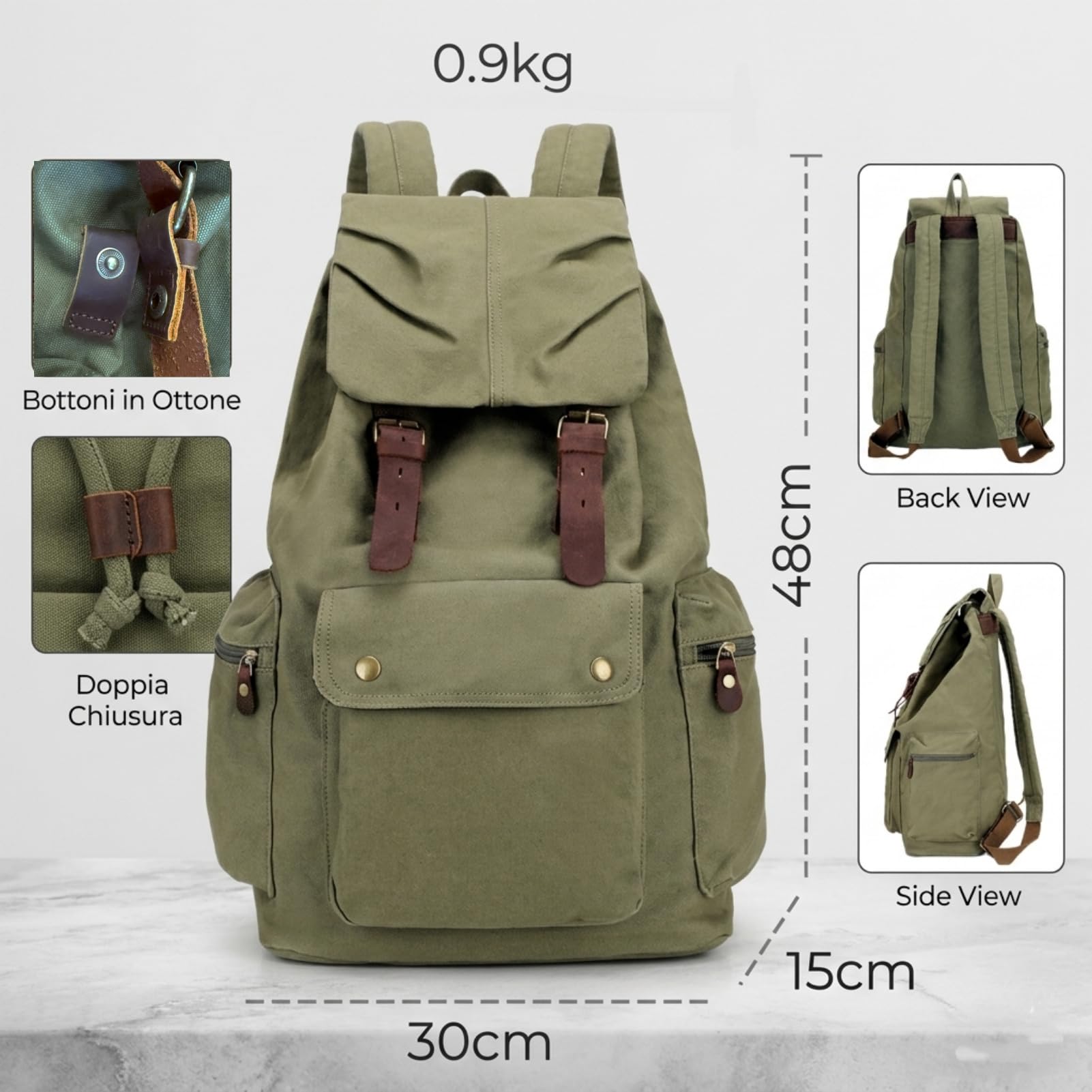 Zaino Casual in Tela e Pelle Vintage-Doppia Chiusura a Coulisse e Bottoni in Ottone Capiente per Laptop Viaggio e Trekking #240 (Verde Oliva)