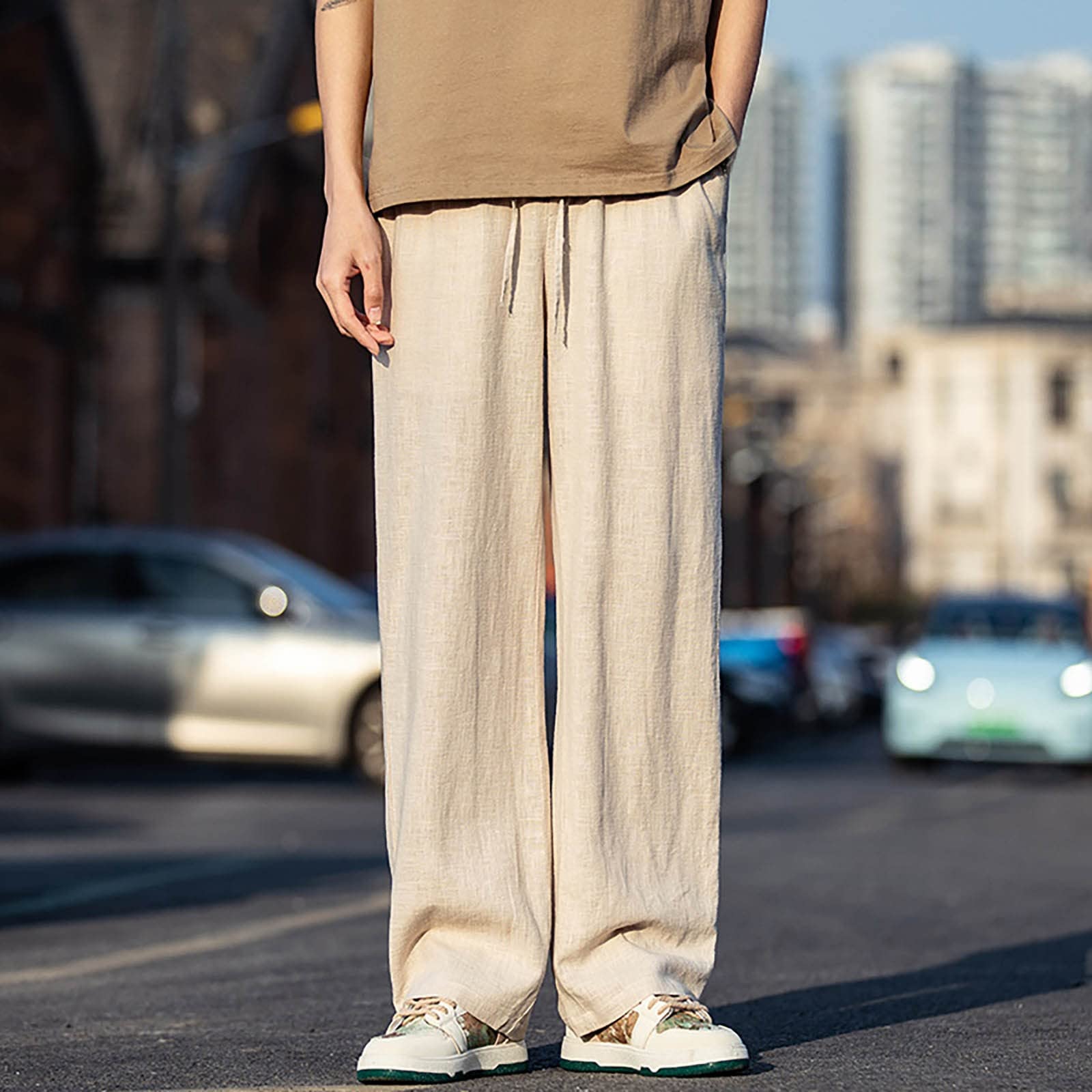 Generico Pantaloni Lino Uomo,Pantaloni Uomo Estivi,Pantaloni Lino Eleganti a Gamba Dritta per Stagione Primaverile Comodi e Moderni