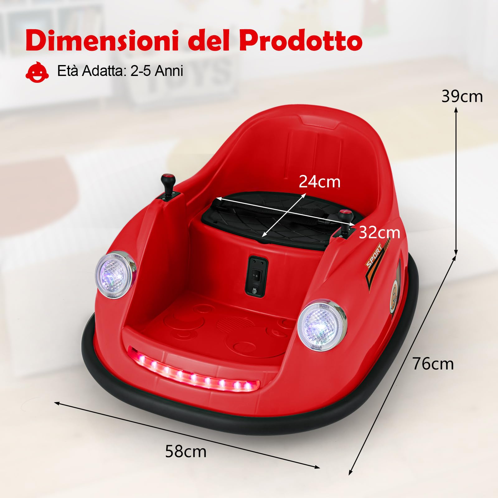 COSTWAY 12V Auto Elettrica per Bambini con Telecomando, Autoscontro Elettrico con Luci LED Musica e Rotazione a 360°, Macchina Cavalcabile per Bambini 2-5 Anni (Rosso)