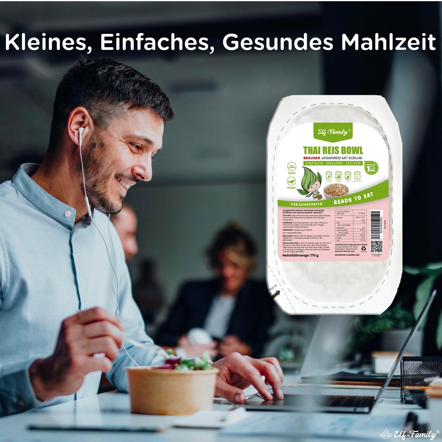 Elf-Family Konjac Rice Thai - Cuenco de Shirataki marrón - Caja de dieta para 1 dónde] - Arroz de jazmín instantáneo - Comidas preparadas para microondas - Superalimentos naturales - Micronutrientes