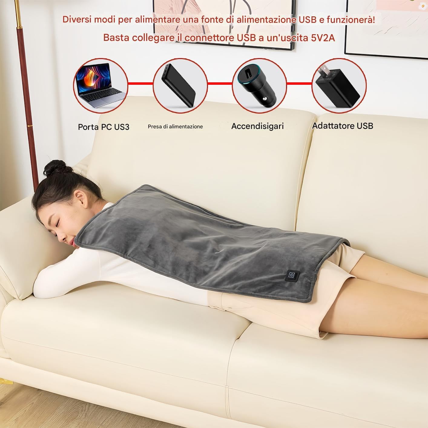 Alfombrilla calefactora de espalda – 70 x 45 cm 6 zonas 5 V cómoda manta calefactora | Mantas de calentamiento invernal, para sofá, sofá, casa, dormitorio, oficina, calor equilibrado y una acción de