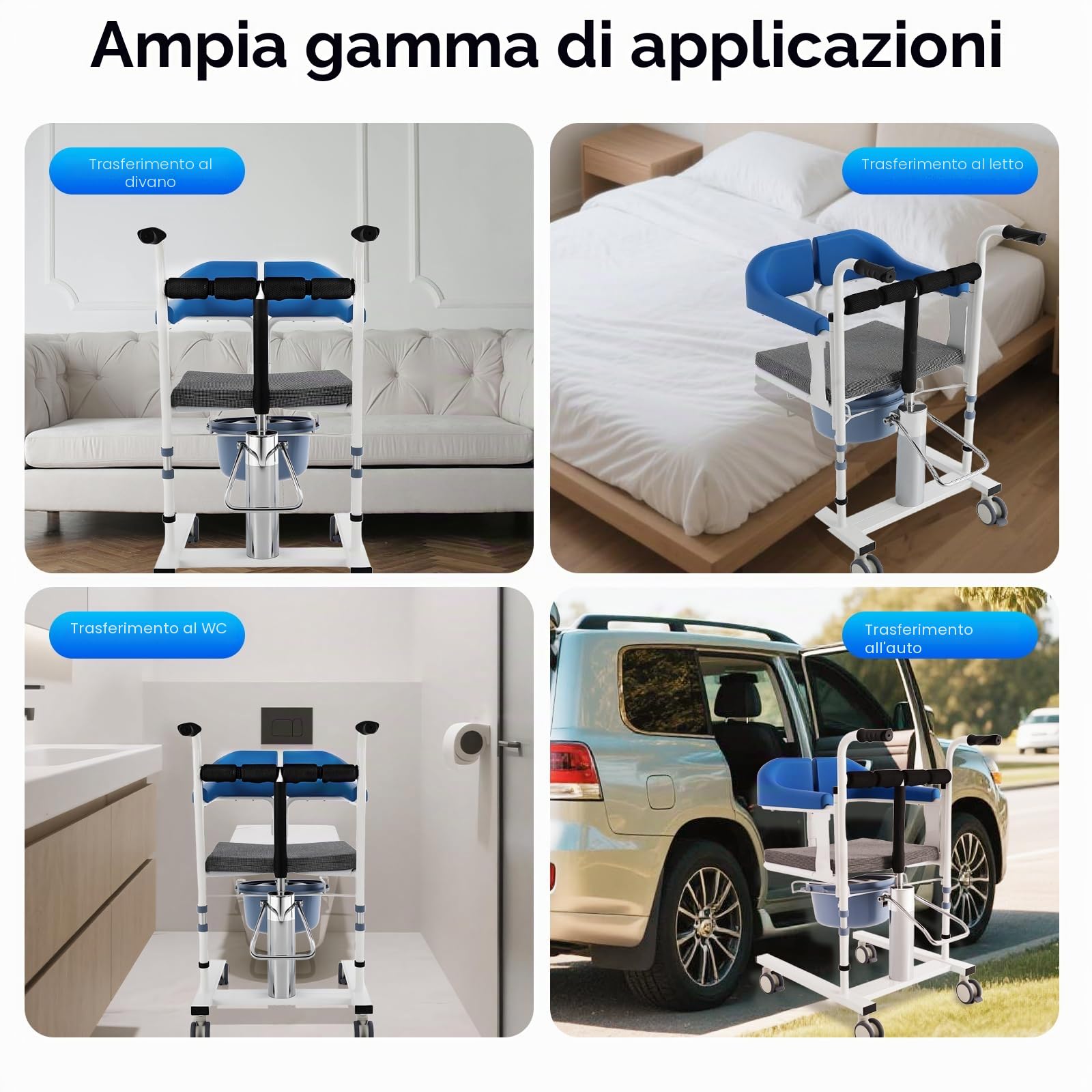 Sollevatore idraulico, sedia di trasferimento per pazienti, regolabile in altezza, capacità di carico 100 kg, maniglie antiscivolo, seduta divisa a 180°, sedia da doccia (blu)