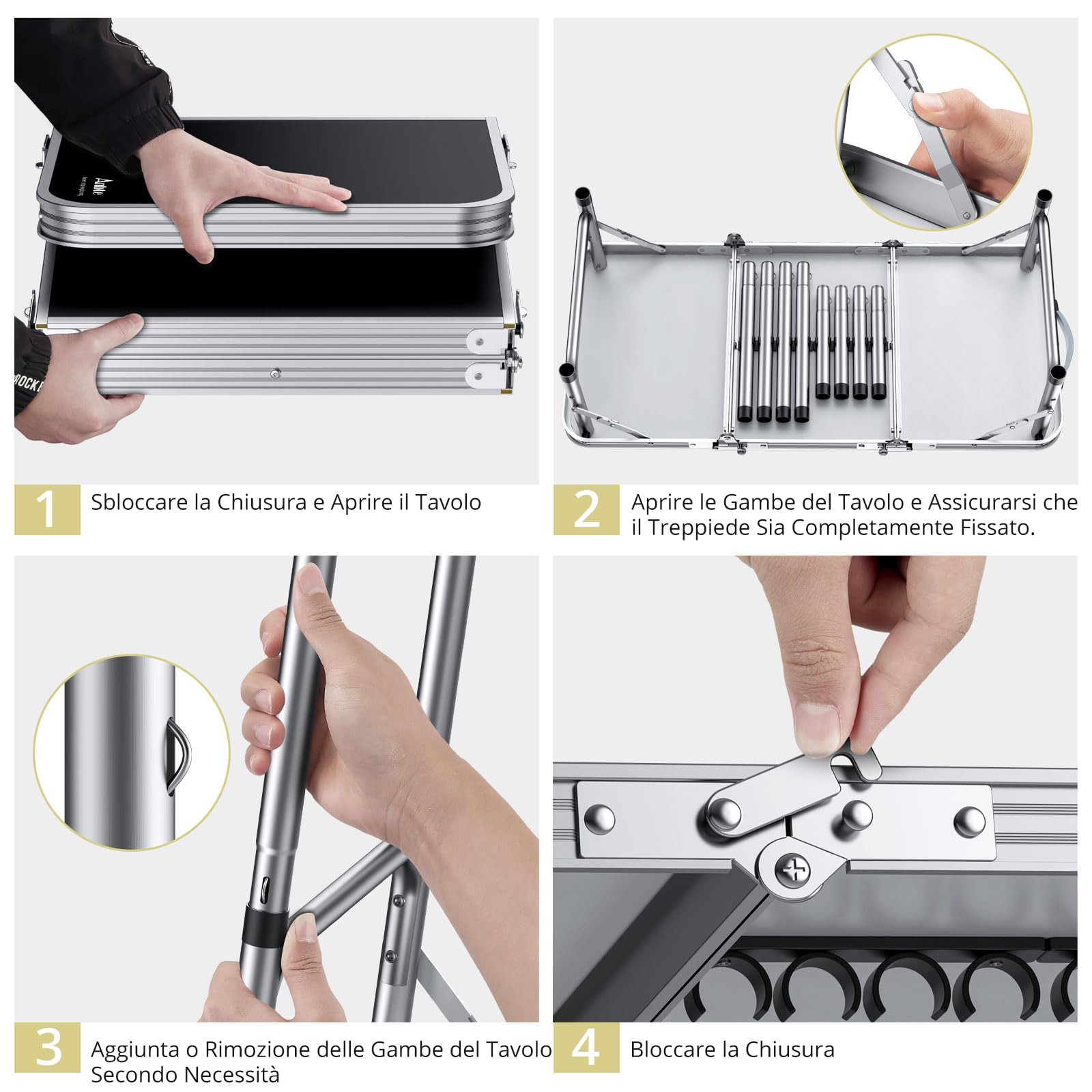 Anbte Tavolo Pieghevole da Giardino Campeggio 88 * 40 * 69cm,Tavolino da Balcone 3 Regolabili in Altezza in Alluminio con Rete da Interno/Picnic/Barbecue/Spiaggia/Truccarsi-Nero