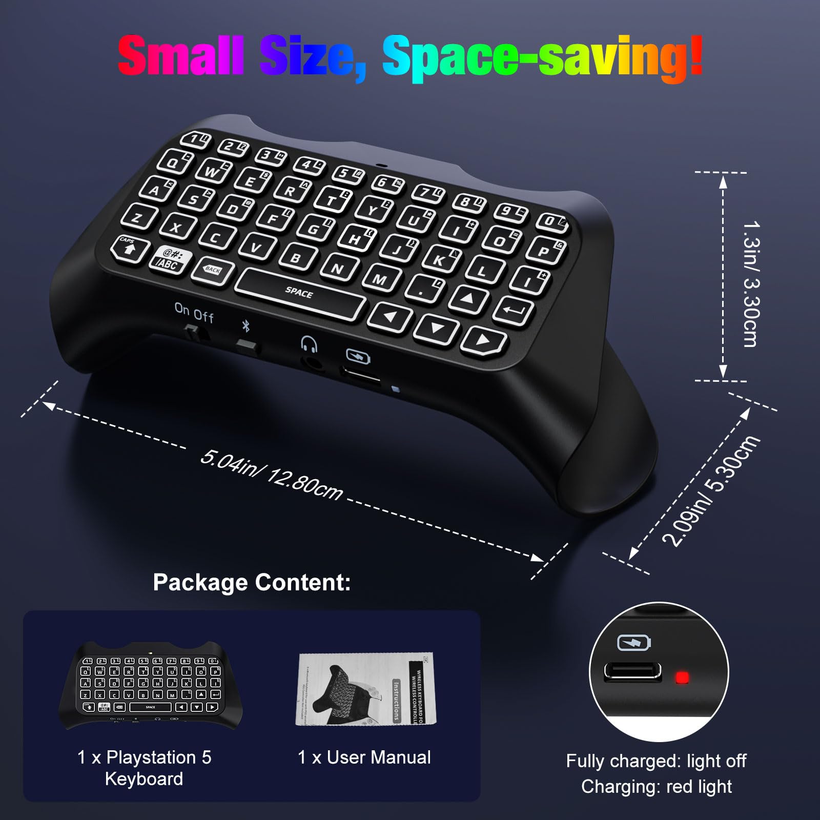 MoKo Tastiera Retroilluminata RGB Compatibile con Controller PS5, Mini Tastiera Chatpad Wireless Bluetooth, Accessori Controller Playstation 5 con Altoparlante Integrato e Jack Audio da 3,5 mm