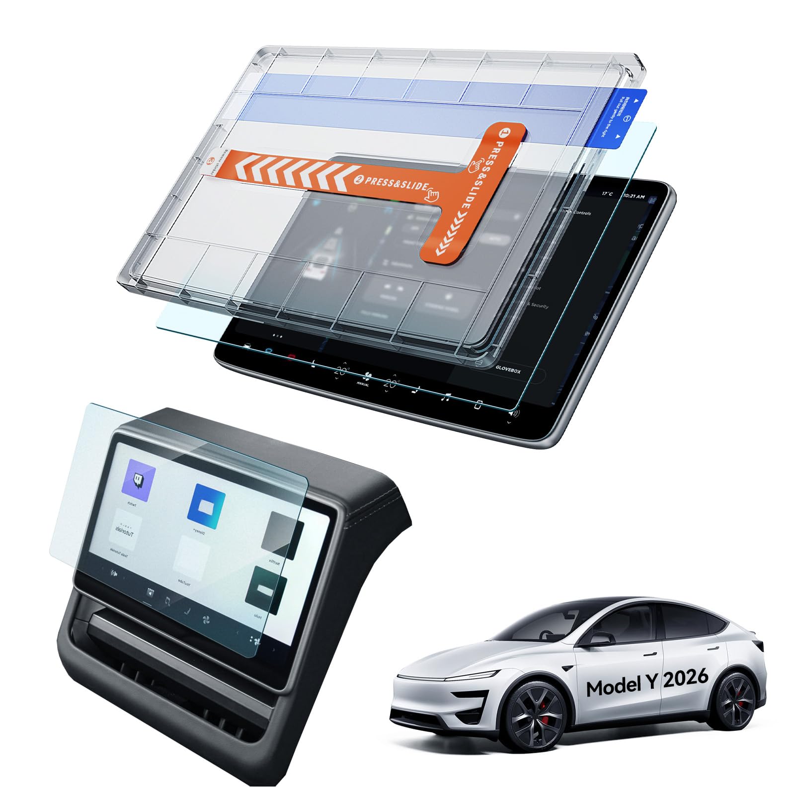 HD Série 2 Pièces 16" + 8" Film Protecteur pour Tesla Model Y 2026 Premium/Performance, Avant Et Arrière Écran 9H Verre Trempé Écran de Protection avec Kit d’Installation