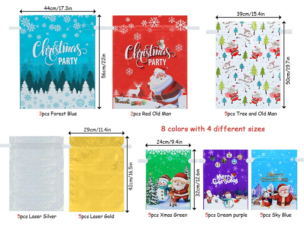Lot de 35 sacs cadeaux de Noël avec cordon de serrage, tailles assorties, sacs cadeaux de Père Noël, sacs à friandises avec ruban à nouer en 4 tailles et 8 motifs pour famille, amis, enfants pour