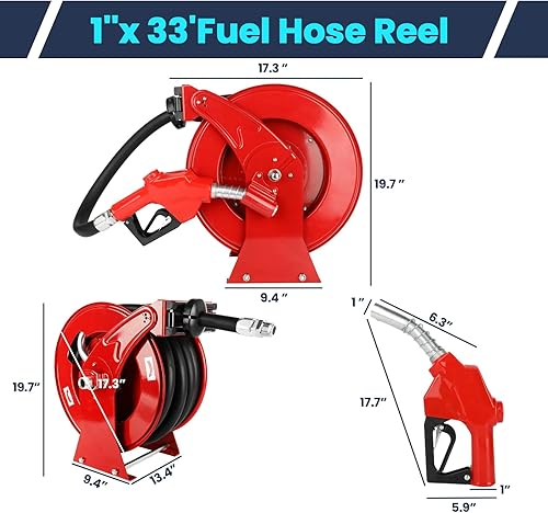 Miniatura 7 de Carrete de manguera de combustible diésel retráctil de 1 pulgada x 33 pies con boquilla de combustible, rebobinado automático accionado por resorte,