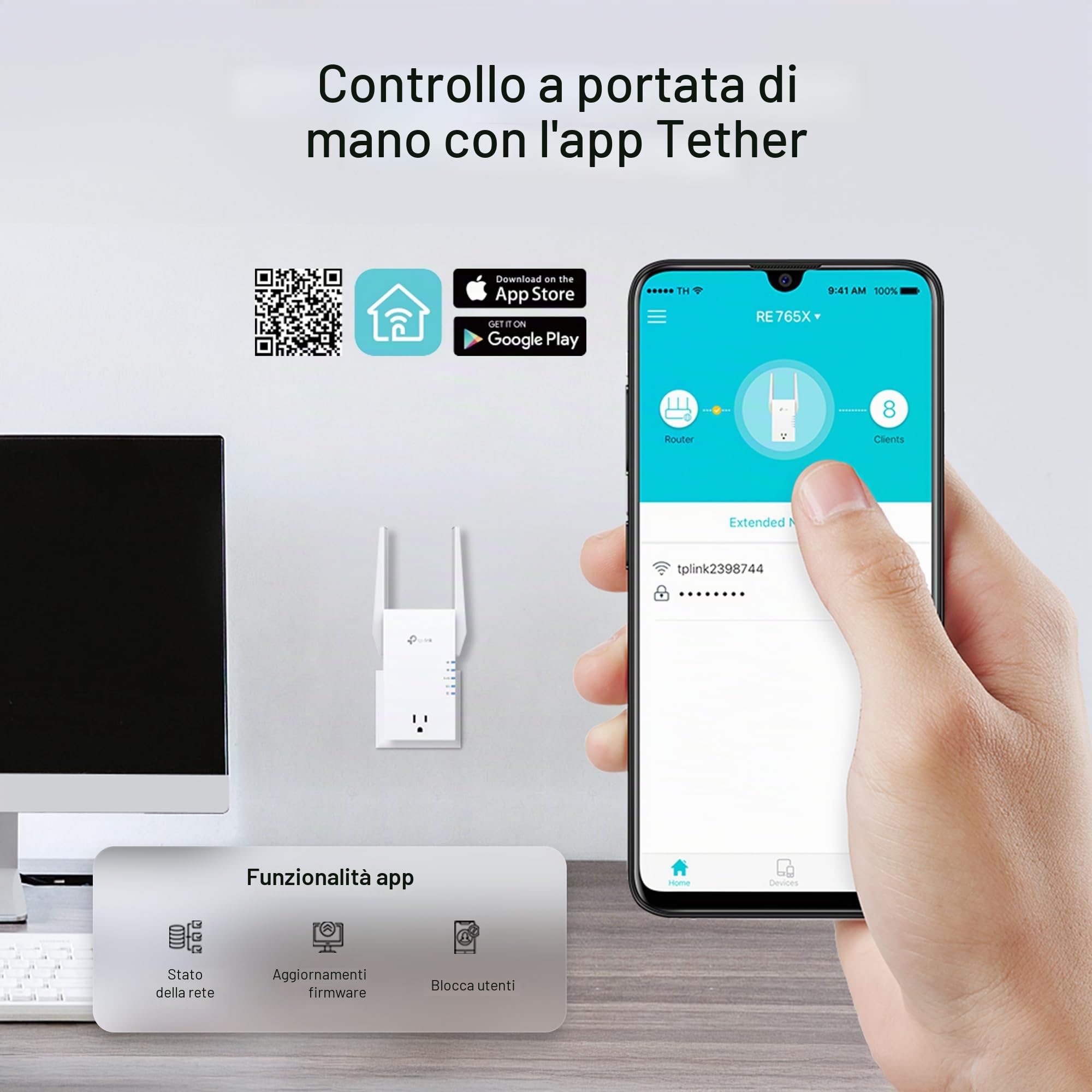 TP-Link RE765X AX3000 WiFi 6 Range Extender w/Smart Plug Integrated Passthrough | Ripetitore wireless dual-band con porta Ethernet | Fino a 2400 mq, 64 dispositivi | Compatibile EasyMesh |