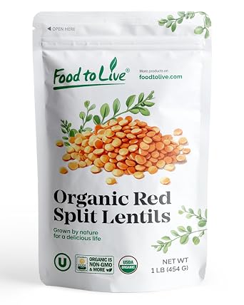 Food to Live Organic Red Split Lentils, 1 Pound Non-GMO Masoor Dal, Dried, Vegan, Kosher, Bulk, No Soaking Required, Perfect for Soups, Dal and Spicy Curries.