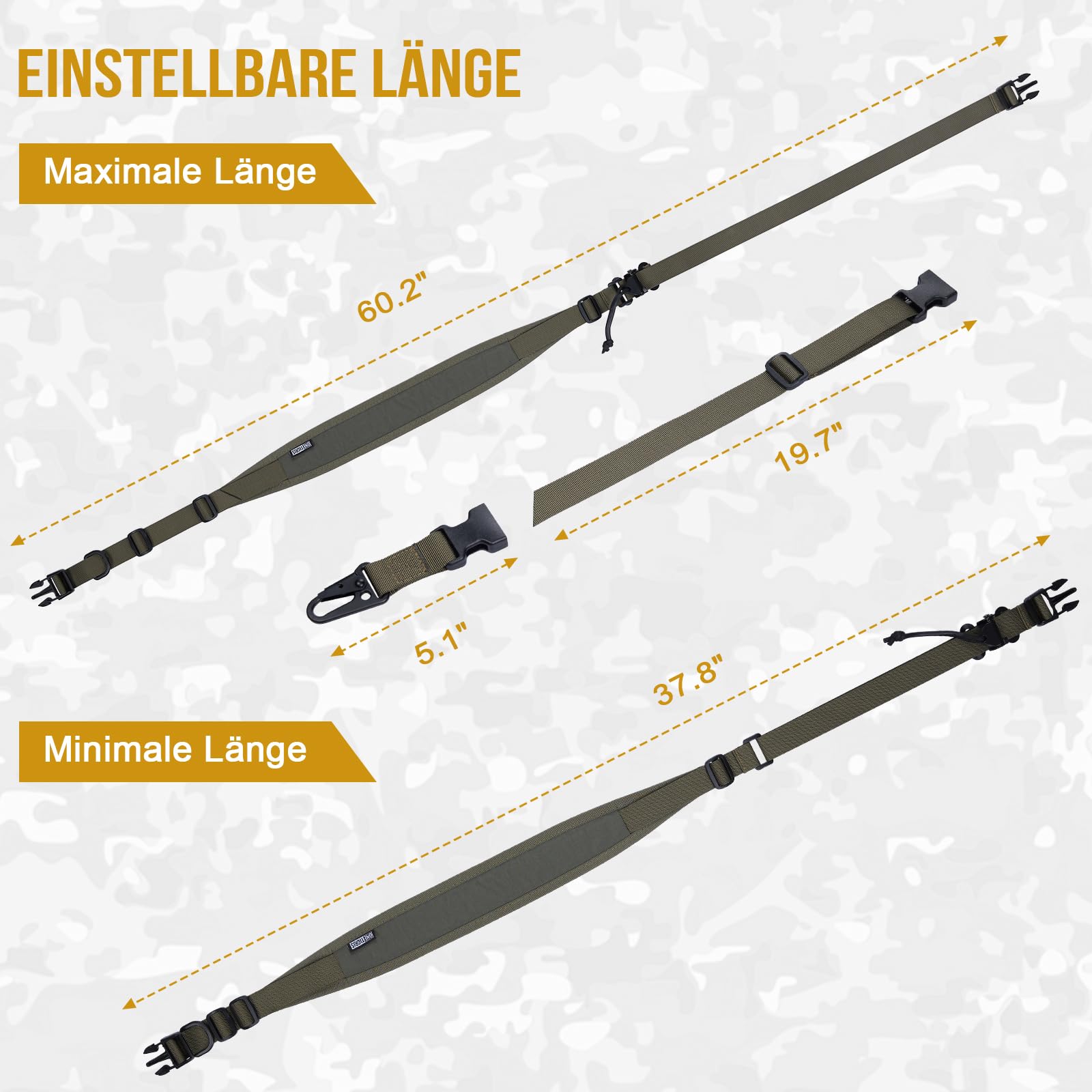 OneTigris 2 Punkt Gewehrriemen, 1 Zoll breiter Sling Riemen mit austauschbaren Karabinerhaken im HK-Stil, einstellbare Länge von 46 Zoll - 68,5 Zoll