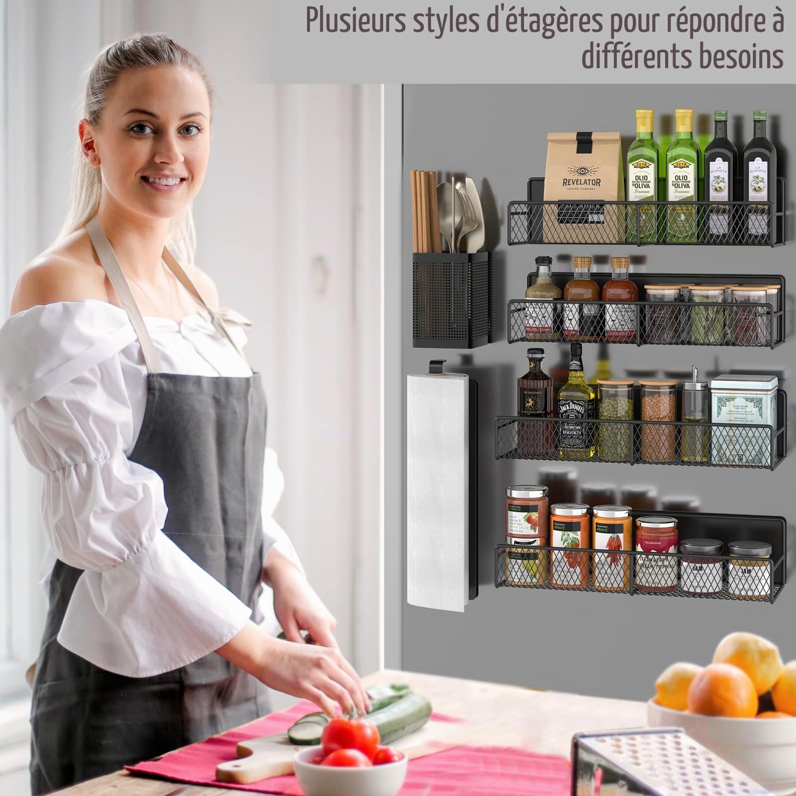 DTUQYX Lot de 6 étagères magnétiques en métal noir avec porte-serviettes en papier, porte-ustensiles, aimants puissants, économie d'espace