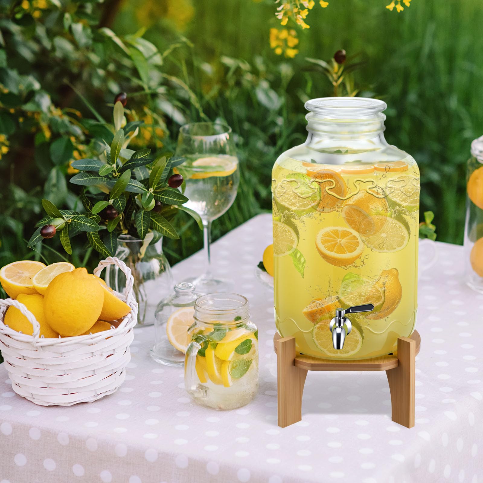 FillTouch Getränkespender mit Ständer, Glas, Getränkespender mit Deckel, 18/8 Edelstahl, Zapfhahn für Picknicks, Grillen, Partys und Alltag (klassischer Stil, Holzständer)