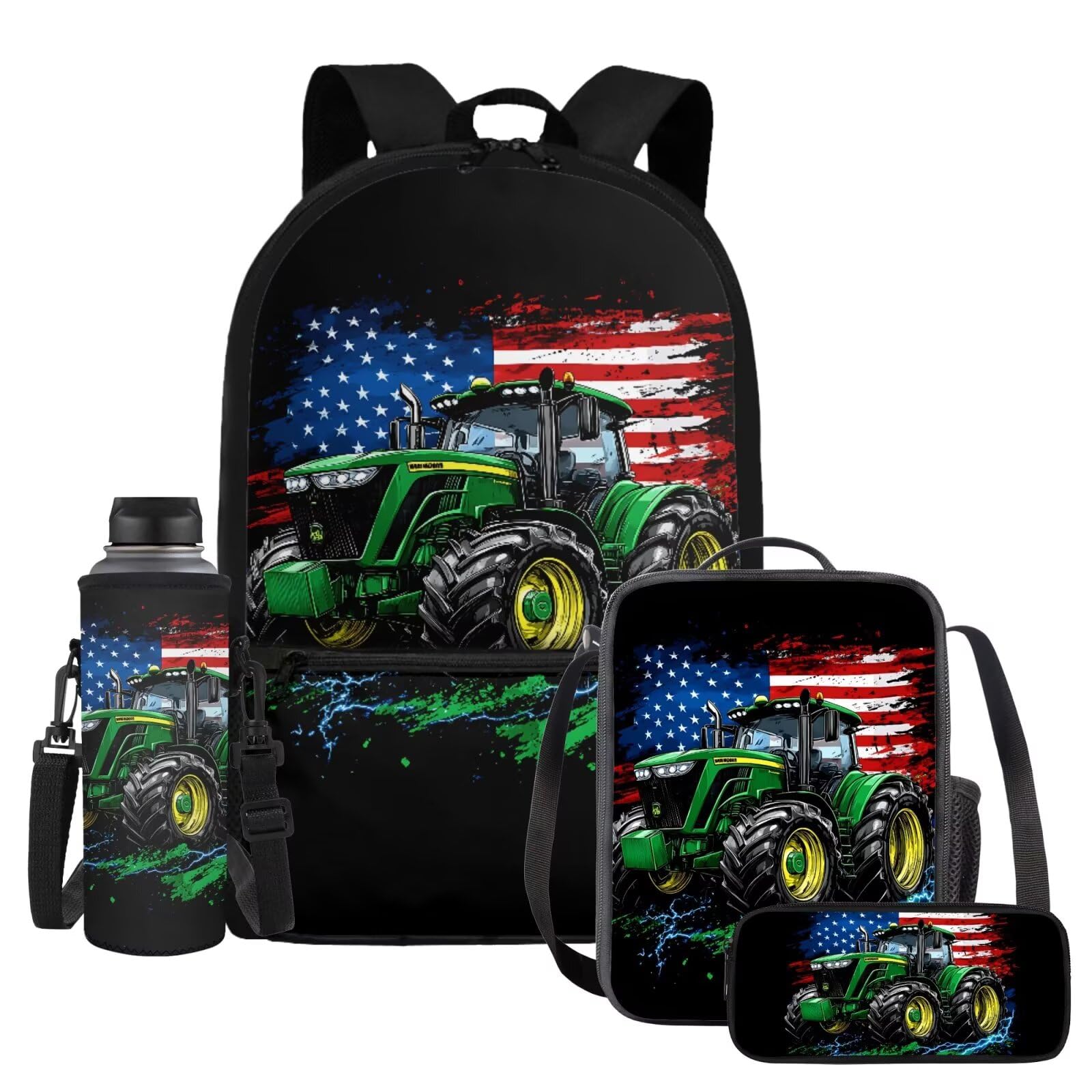 HUIACONG Truck Backpack for Boys with Lunch Box American Flag Bookbag Lunch Bag Set 3 in 1 Kids School Bag 6-8/8-10 2Nd Grade Back to School Supplies