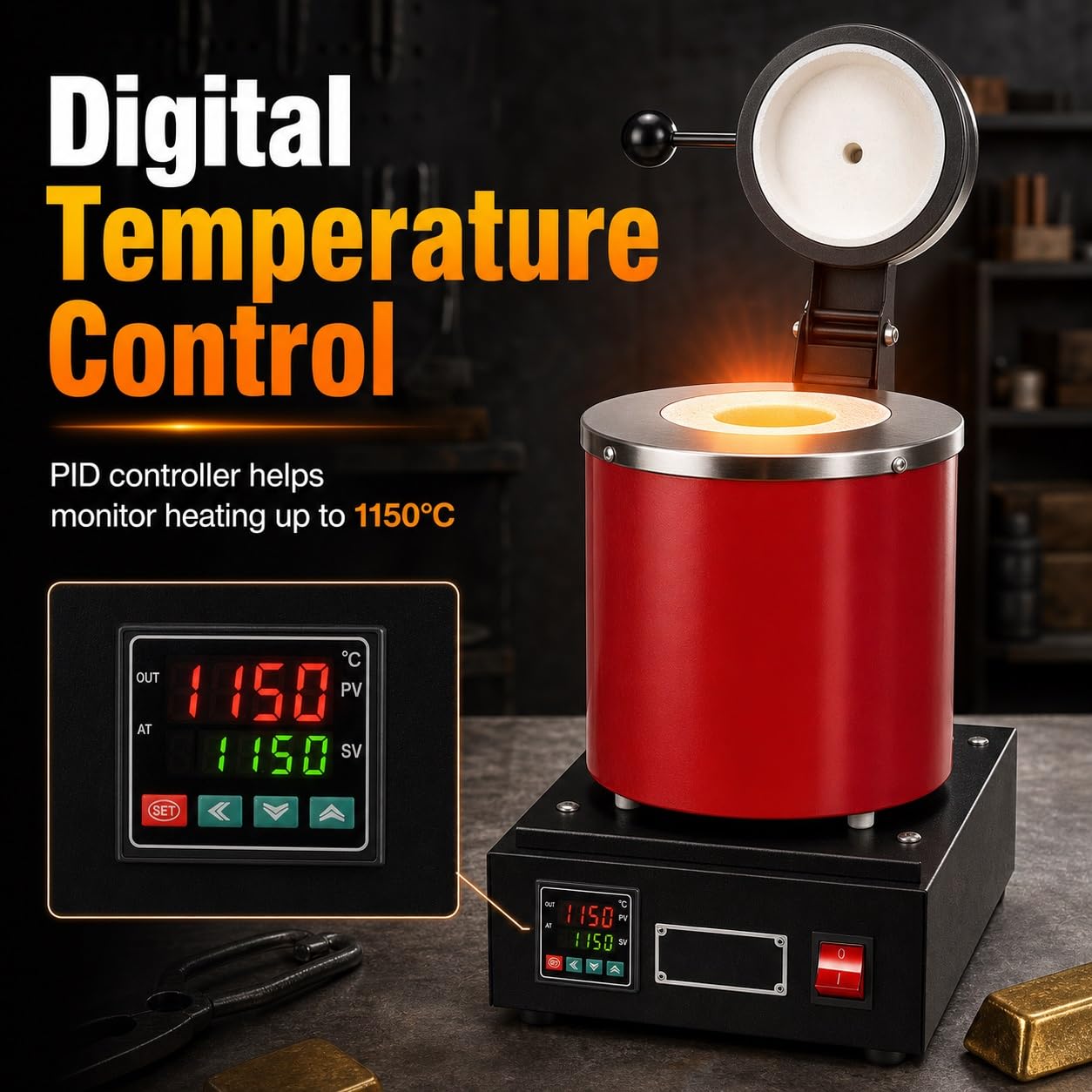 Horno Eléctrico De Fusión De Oro, Kit De Crisol Digital De 3 Kg | Crisol de grafito, fundición de joyería, calentamiento de 1500 W, 1150 °C máx., guantes y pinzas(1kg)