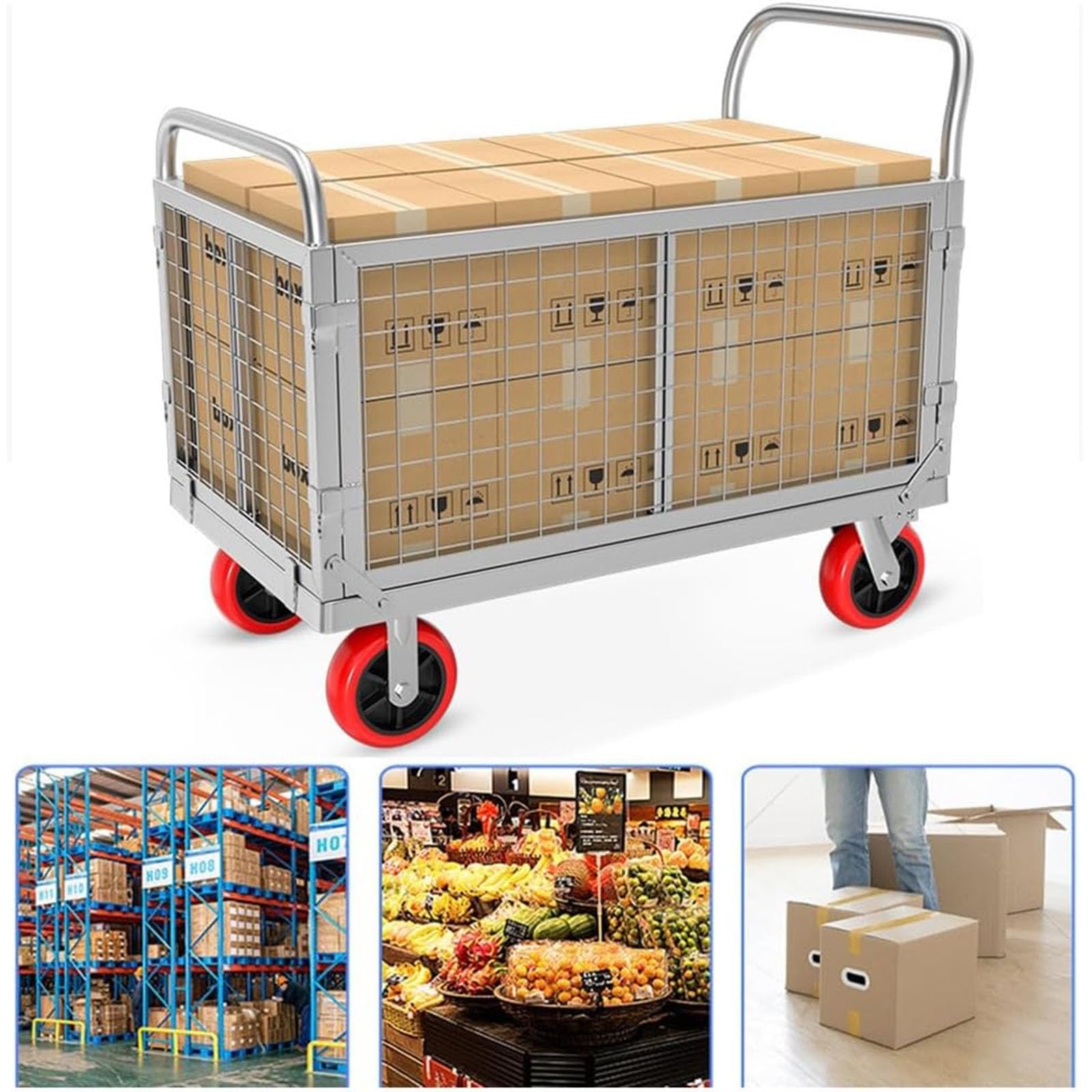 Wózek platformowy z klatką duży składany wózek płaski wózek ręczny wielofunkcyjny wózek płaski składany wózek klatkowy 600kg(120X60cm)