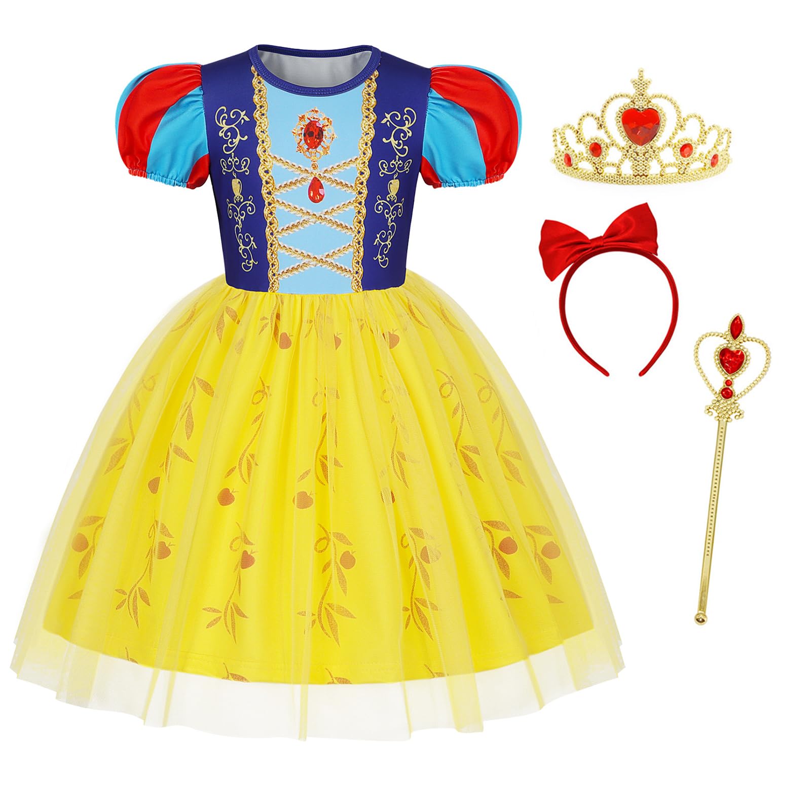 Berich Yellow Princess Costume Kids with Crown Princess Dress up Halloween Christmas Gifts World Book Day Costume for Girls Dress up 9-10 Years(Yellow,150)