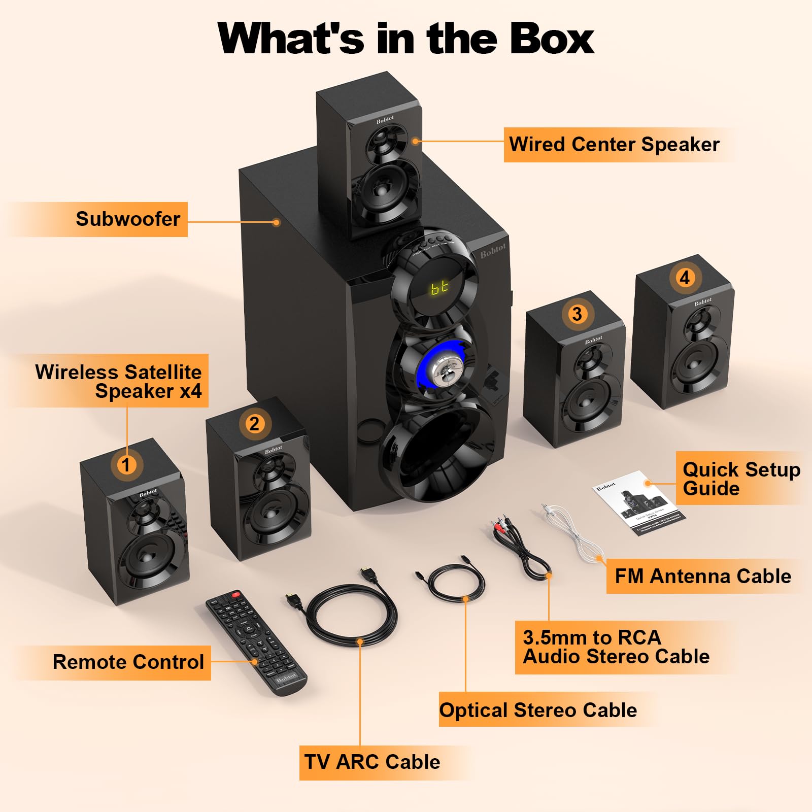 Bobtot Sistema senza fili del teatro domestico del sistema audio surround, subwoofer a 8 pollici | Altoparlanti surround 1000W 5.1/2.1 canali bassi profondi con ingresso karaoke Bluetooth ottico ARC