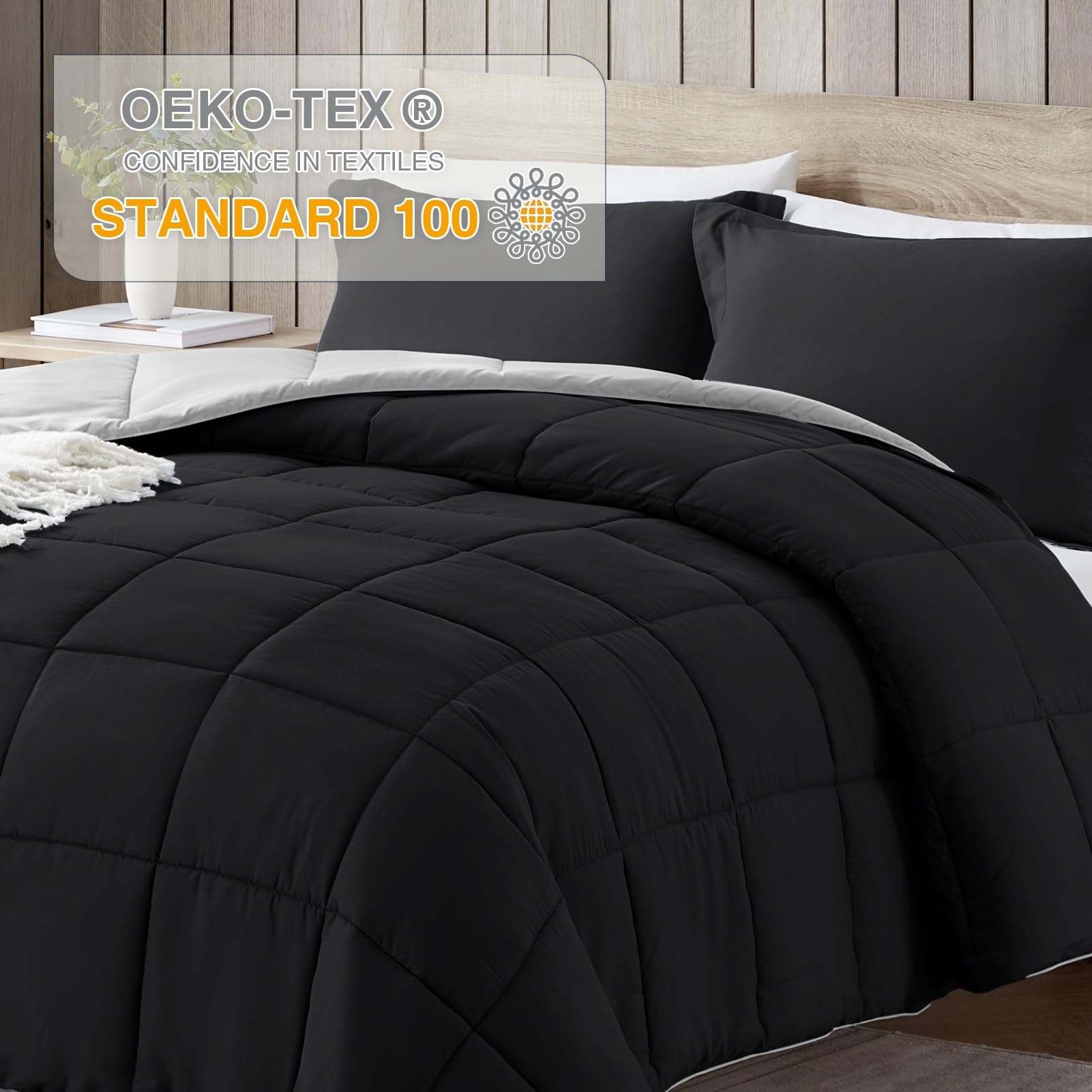 Satisomnia Lekki zestaw kołder Twin XL czarny, całoroczny puchowy alternatywny zestaw kołder do łóżka z 1 poszewką na poduszkę, 2-częściowy zestaw kołder ultramiękki odwracalny, czarny i szary Twin/Twin XL rozmiar