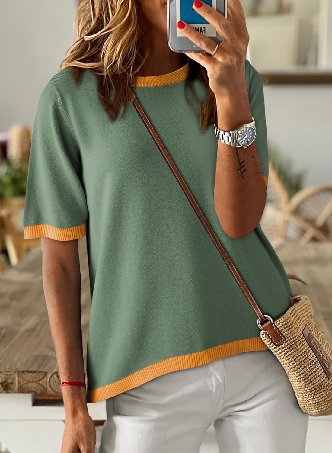 Dokotoo Womens Tops 2026 Casual Summer Crewneck Short Sleeve Striped Color Block Knit High Low Trendy Pullover Sweaters - Image 2