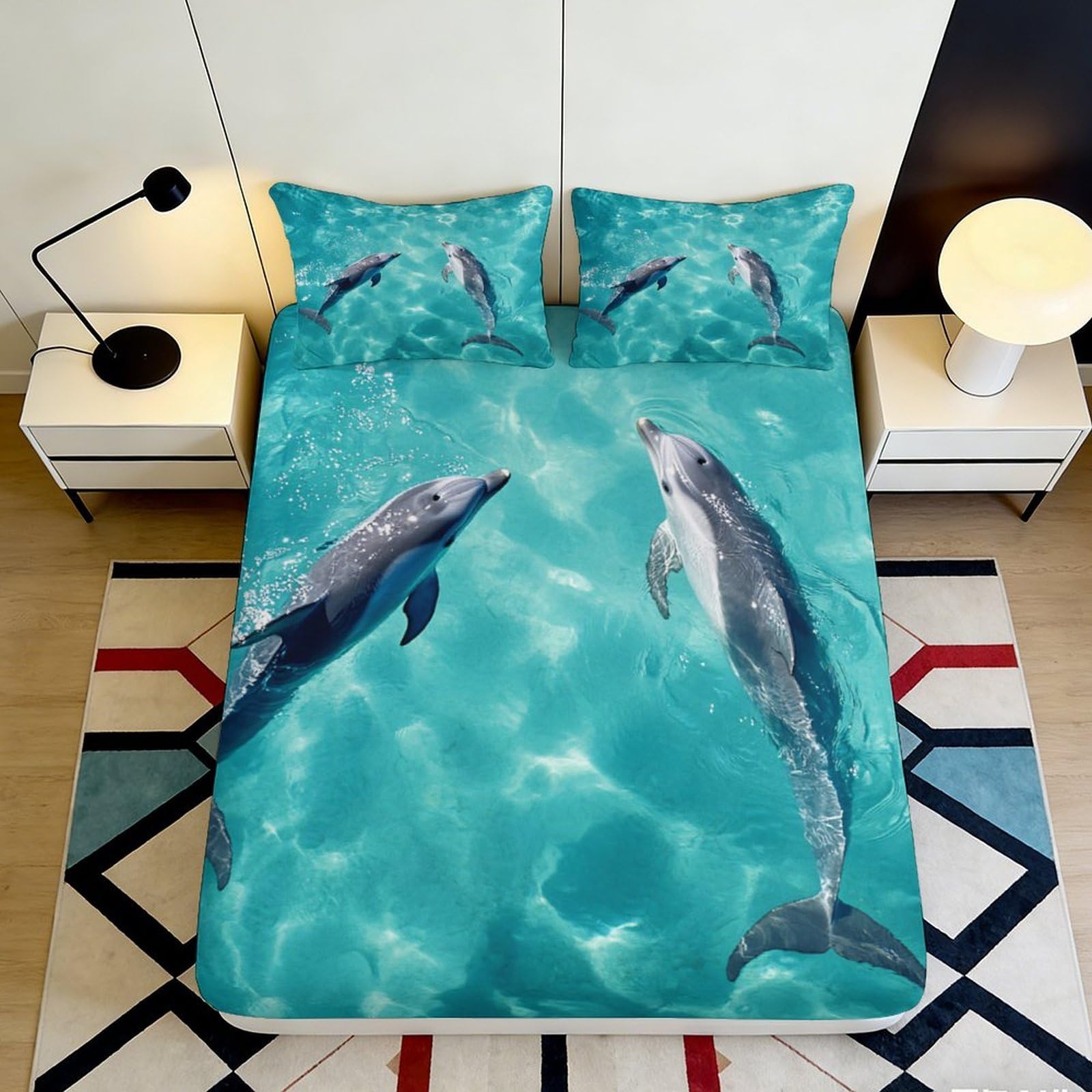 3D Printed Dolphin Ocean Fitted Sheet Microfiber Soft Non-Slip Mattress Cover for Bedroom Dorm Decor, Machine Washable 90x200x25cm