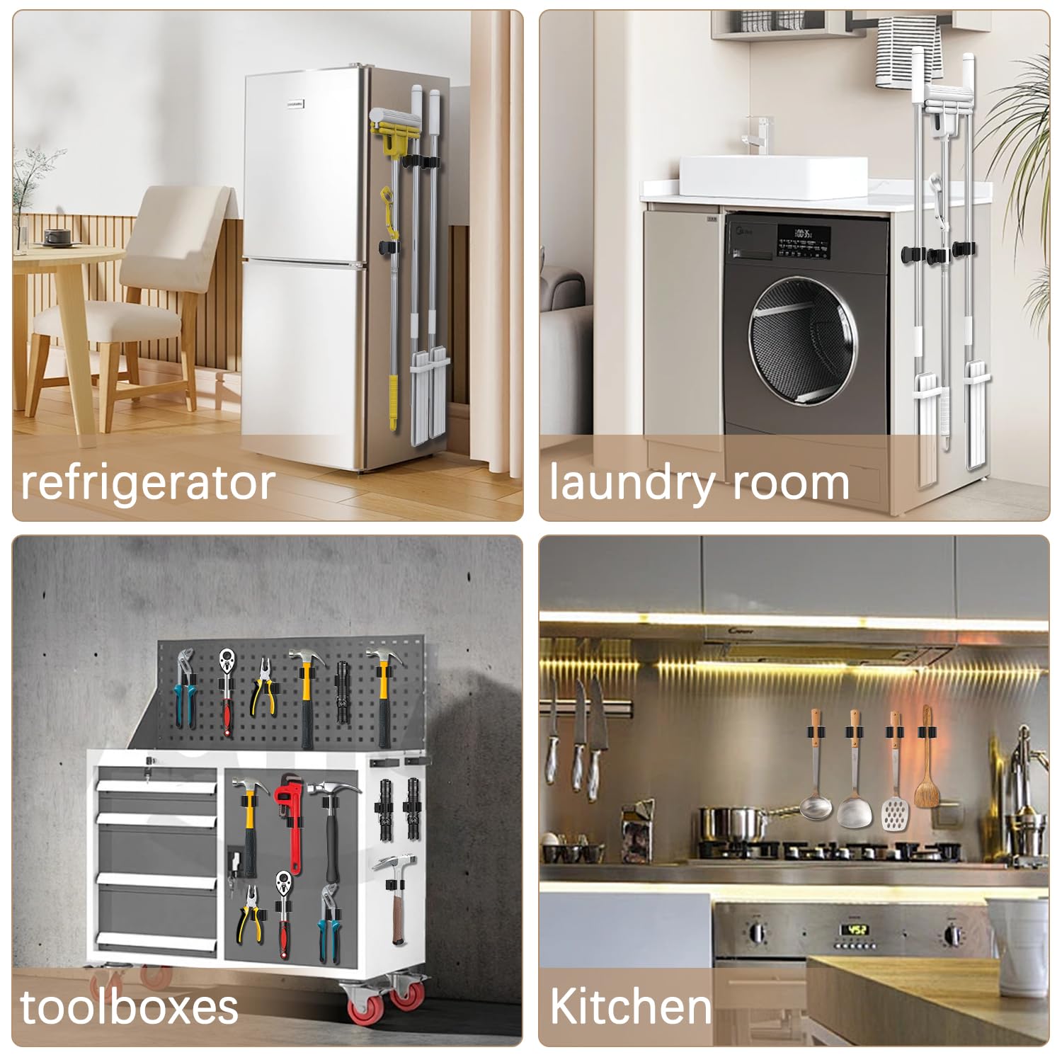 Soporte magnético para escobas con fuerte gancho magnético, 4 unidades, soporte de pared para garaje, jardín, cobertizo, sistema de almacenamiento, lavandería, hogar, cocina, organización 6