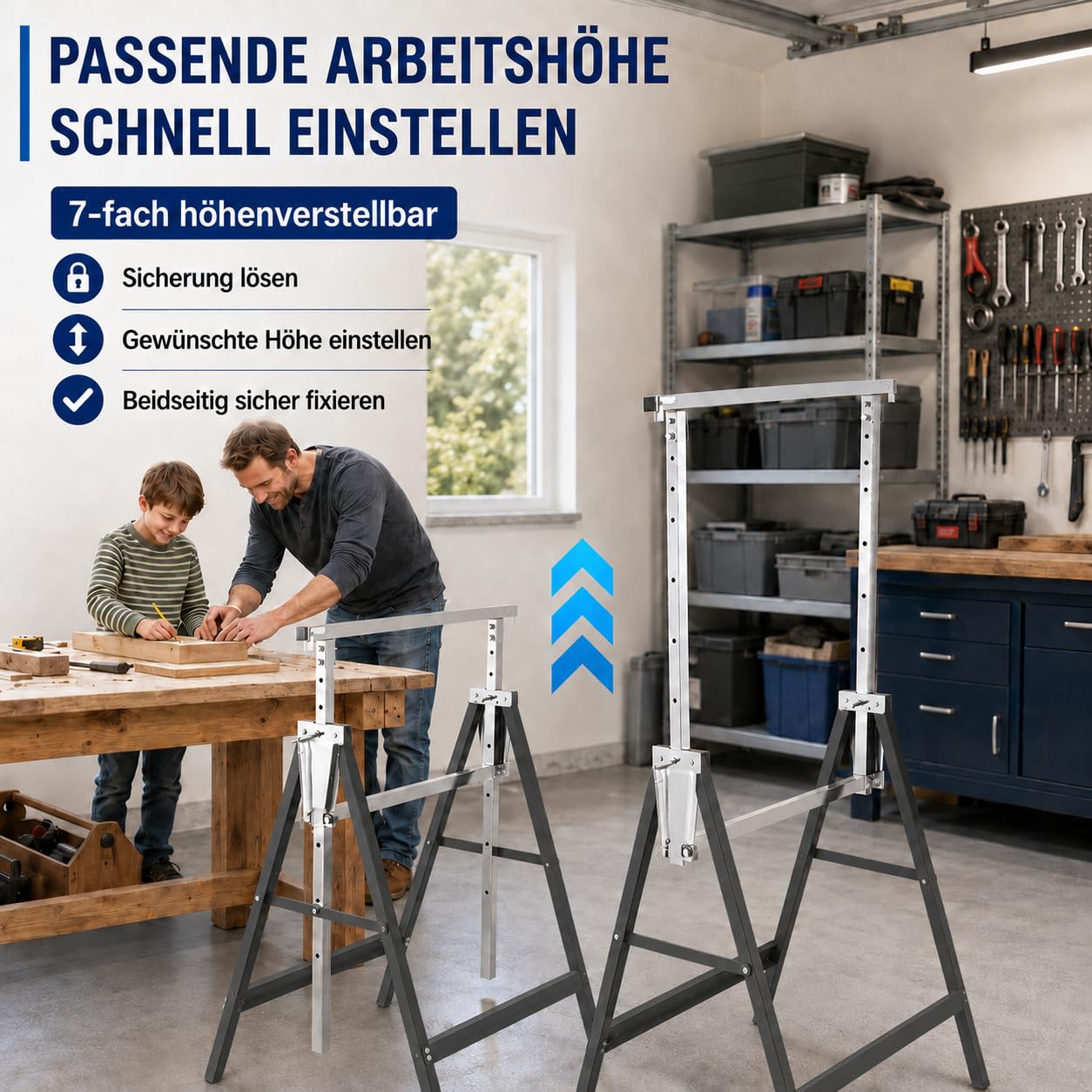 Lot de 2 tréteaux d’échafaudage télescopiques - Support de travail pliable - Hauteur de travail variable de 80 à 130 cm - Réglable en hauteur sur 7 positions - Support métallique, capacité de