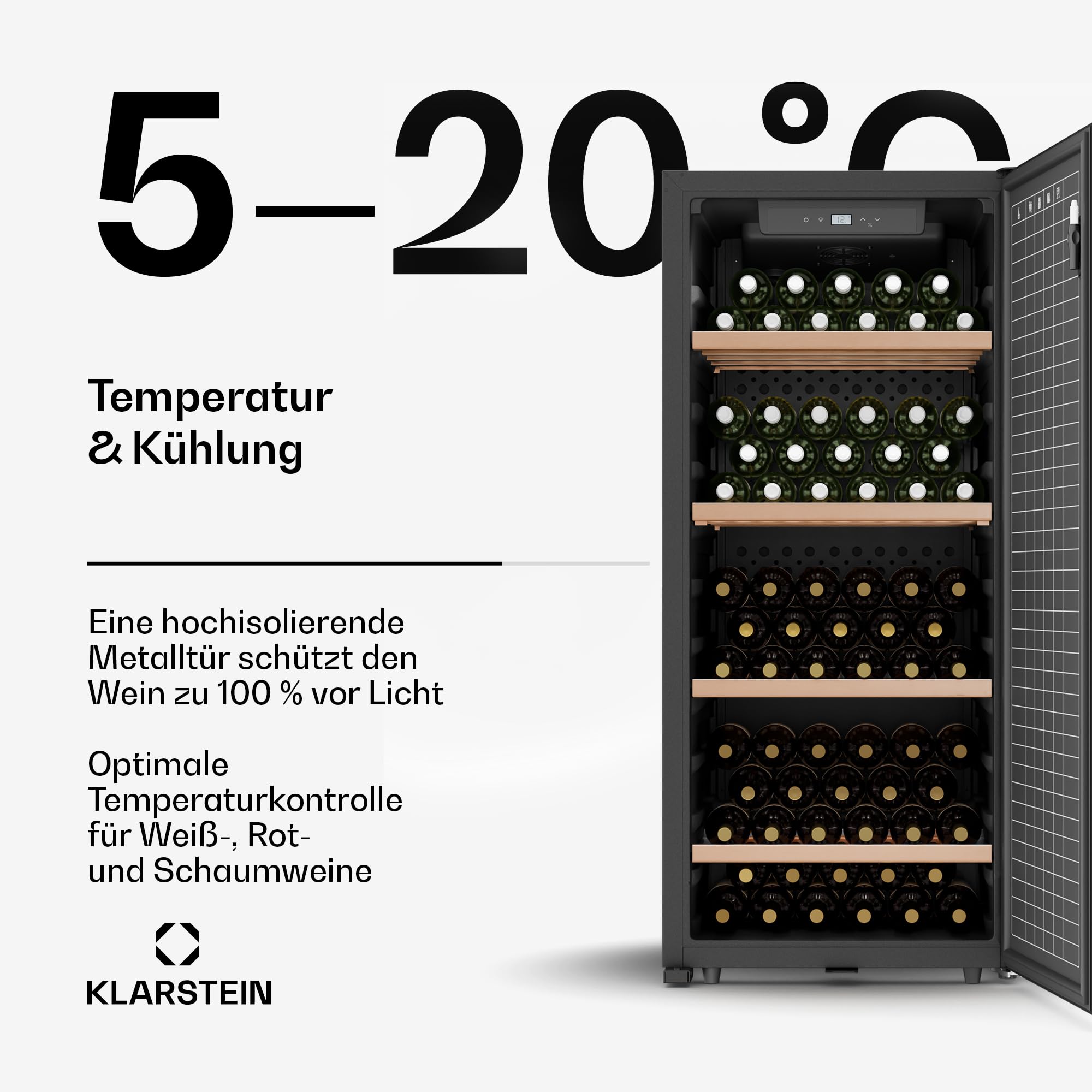 Klarstein CellarMax Weinkühlschrank Freistehend - 114 Flaschen, 5-20 °C, Touch-Bedienung, Metalltür, Alarm, 1 Zone, Holzregale, Energieklasse E