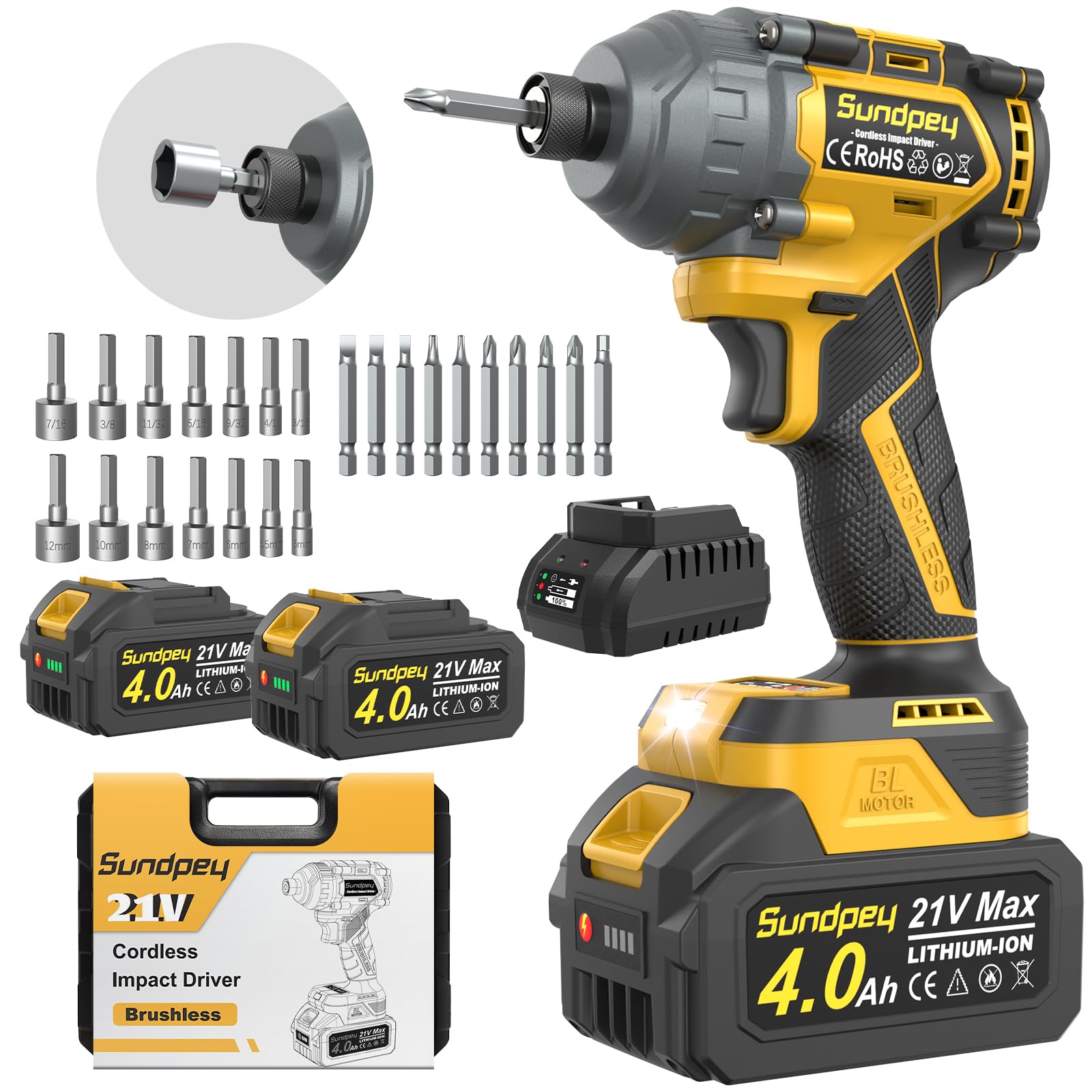 Sundpey Avvitatore a Impulsi Senza Fili 280N·m, Giallo | Avvitatore ad Impulsi con 14 Prese e 10 Punte 21V Avvitatore a Percussione Brushless Serrare e Rimuovere Rapidamente le Viti