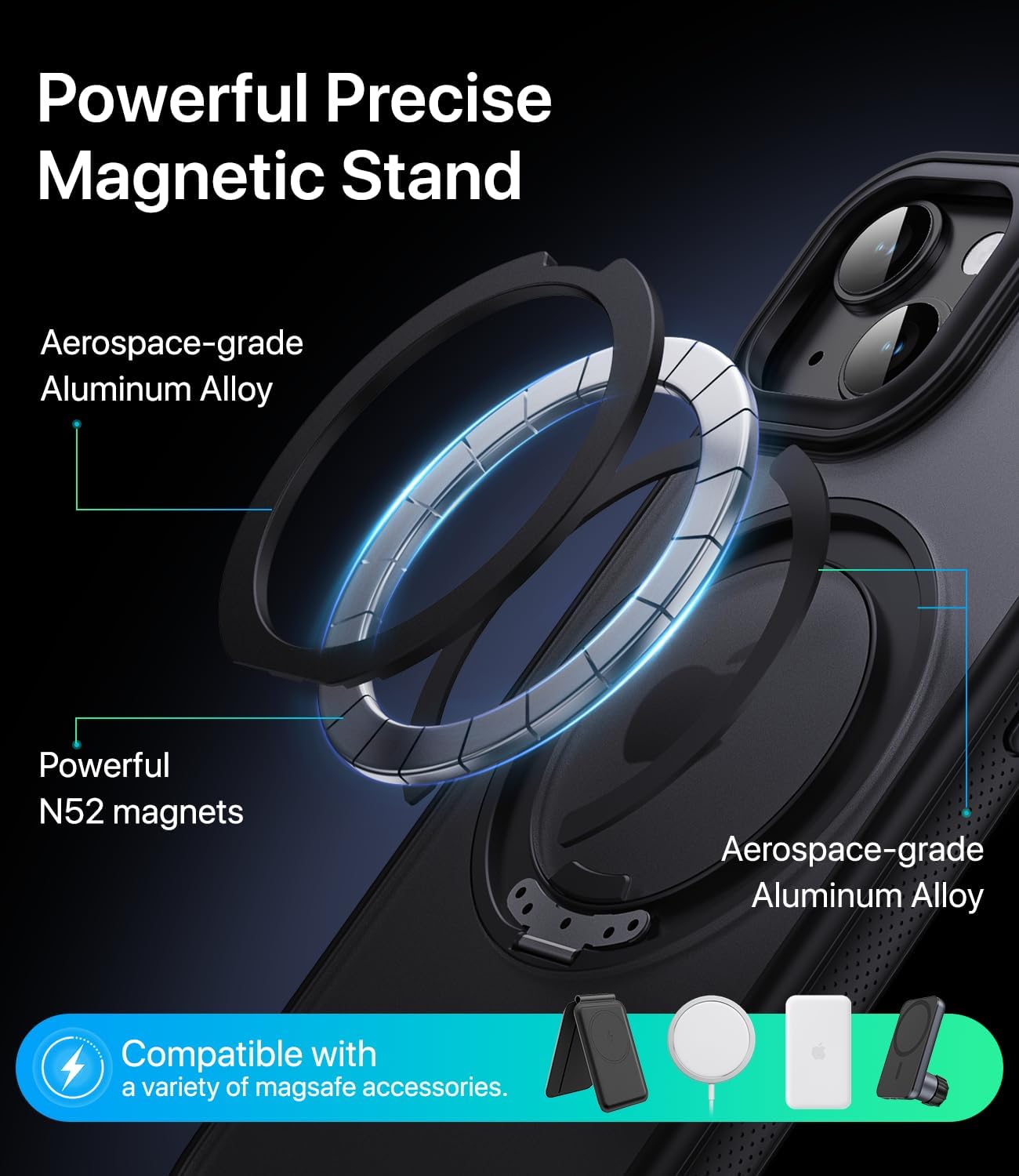 for iPhone 14 Case/iPhone 13 case, Compatible with MagSafe, Slim Shockproof Military-Grade Rugged Protective Case with Stand, Camera Control, Comfort Grip (A-Black, iPhone 13/14)