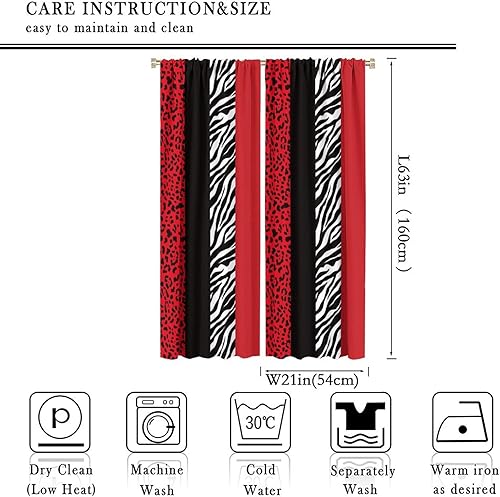 Miniatura 3 de Cortinas rojas y negras con estampado animal de leopardo y cebra, cortinas con aislamiento térmico, 2 paneles, oscurecimiento de la habitación para