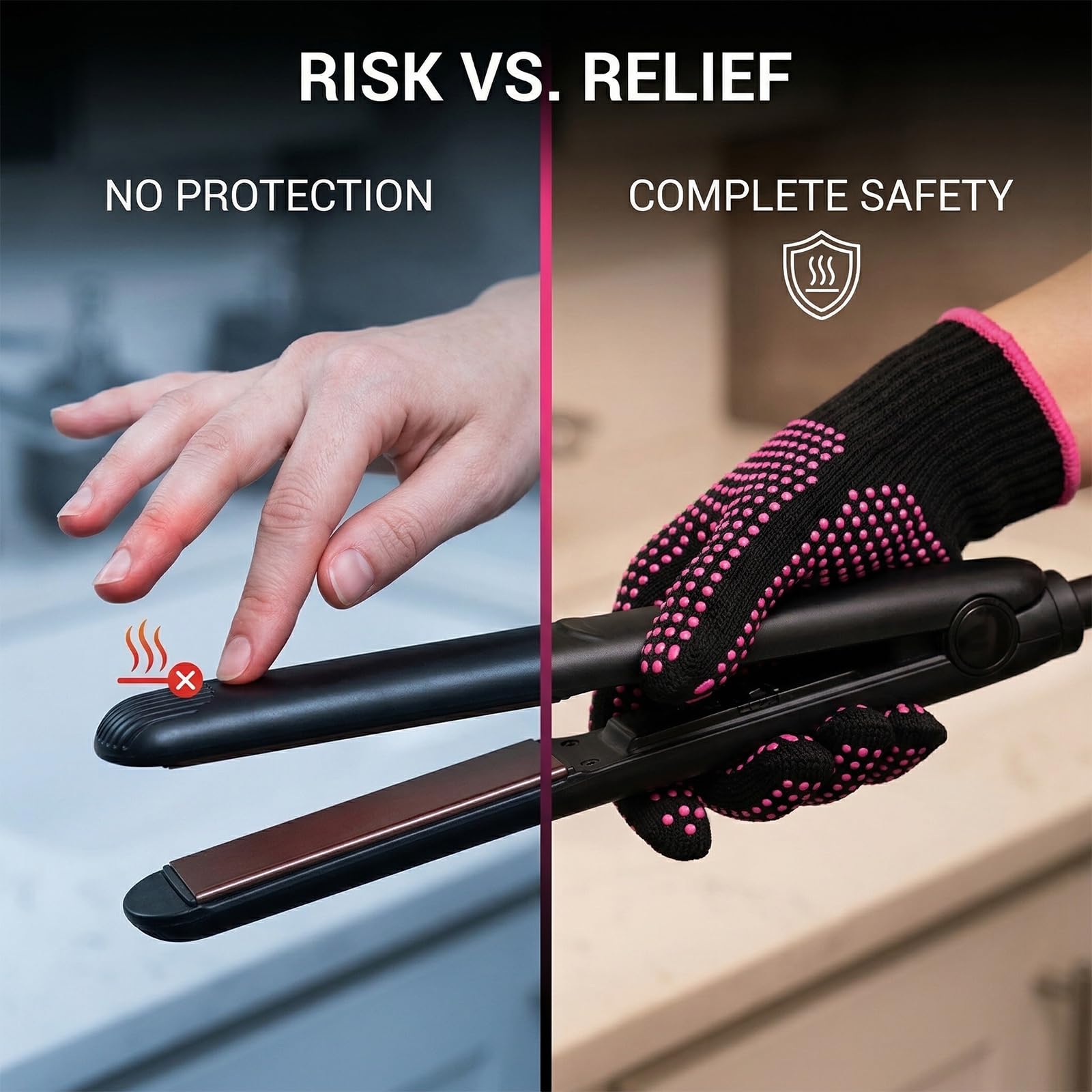 1 Paire de Gants Thermo-Résistants pour Lisseur et Fer à Boucler, Gants Anti-Brûlure Professionnels en Coton avec Picots Silicone Double Face, Protection Chaleur Coiffure, Rose Rouge