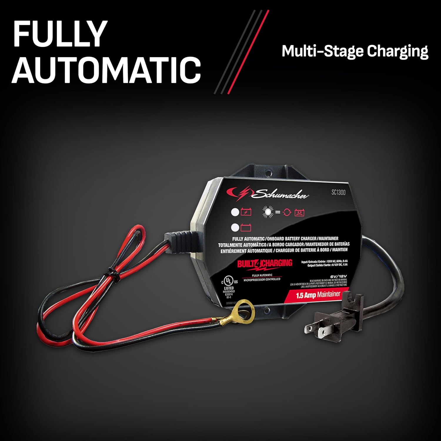 Schumacher Electric 1.5A Car Battery Charger and Maintainer, 3-in-1 Solution, for 6V/12V Power Sport, Automotive, and Marine Batteries, SC1300