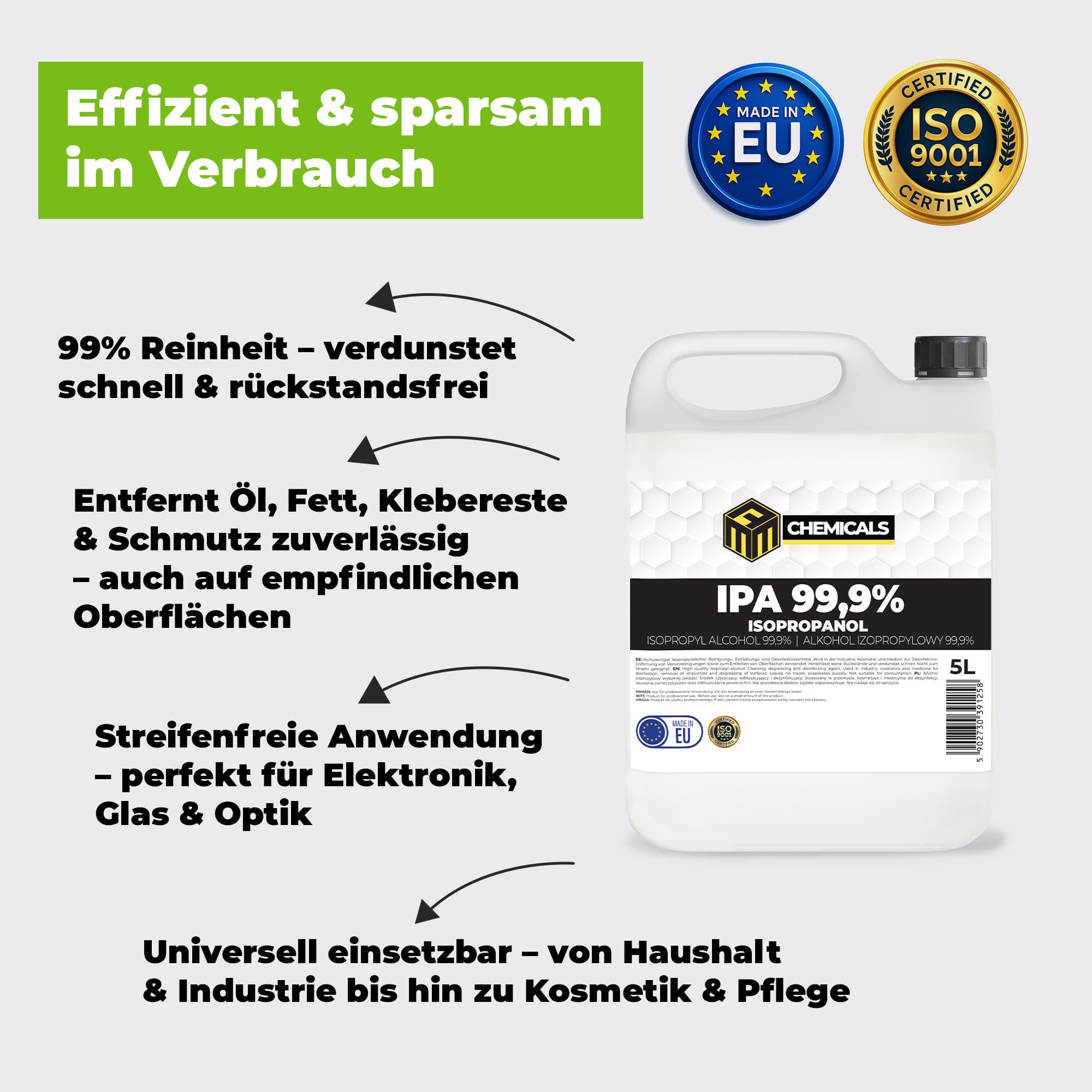 Isopropanol 99,9% IPA 10 x 20L – Isopropylalkohol Reinigungsalkohol für Elektronik, Glas, Auto & Werkstatt – Klebereste Entferner, fettlösend & rückstandsfrei