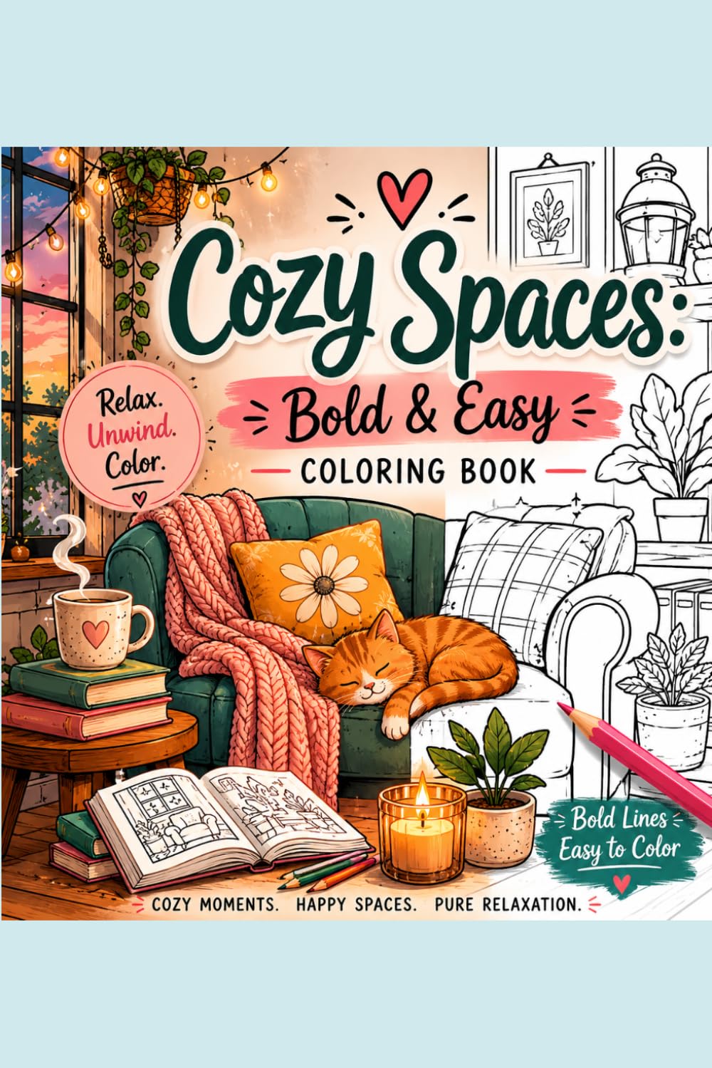 COZY SPACE: Bold and Easy Coloring Book for Adults and Kids: Simple and Cute Cozy Rooms, Kittens, Cottagecore Scenes, and Relaxing Designs with Thick Lines