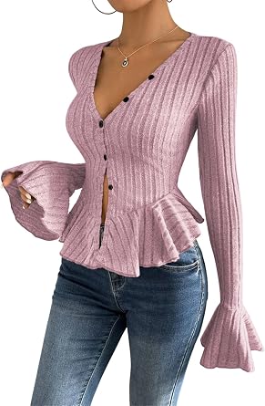 Bell Sleeve Cardigan Sweaters for Women Button Up Knit Blazer Business Casual Peplum Tops