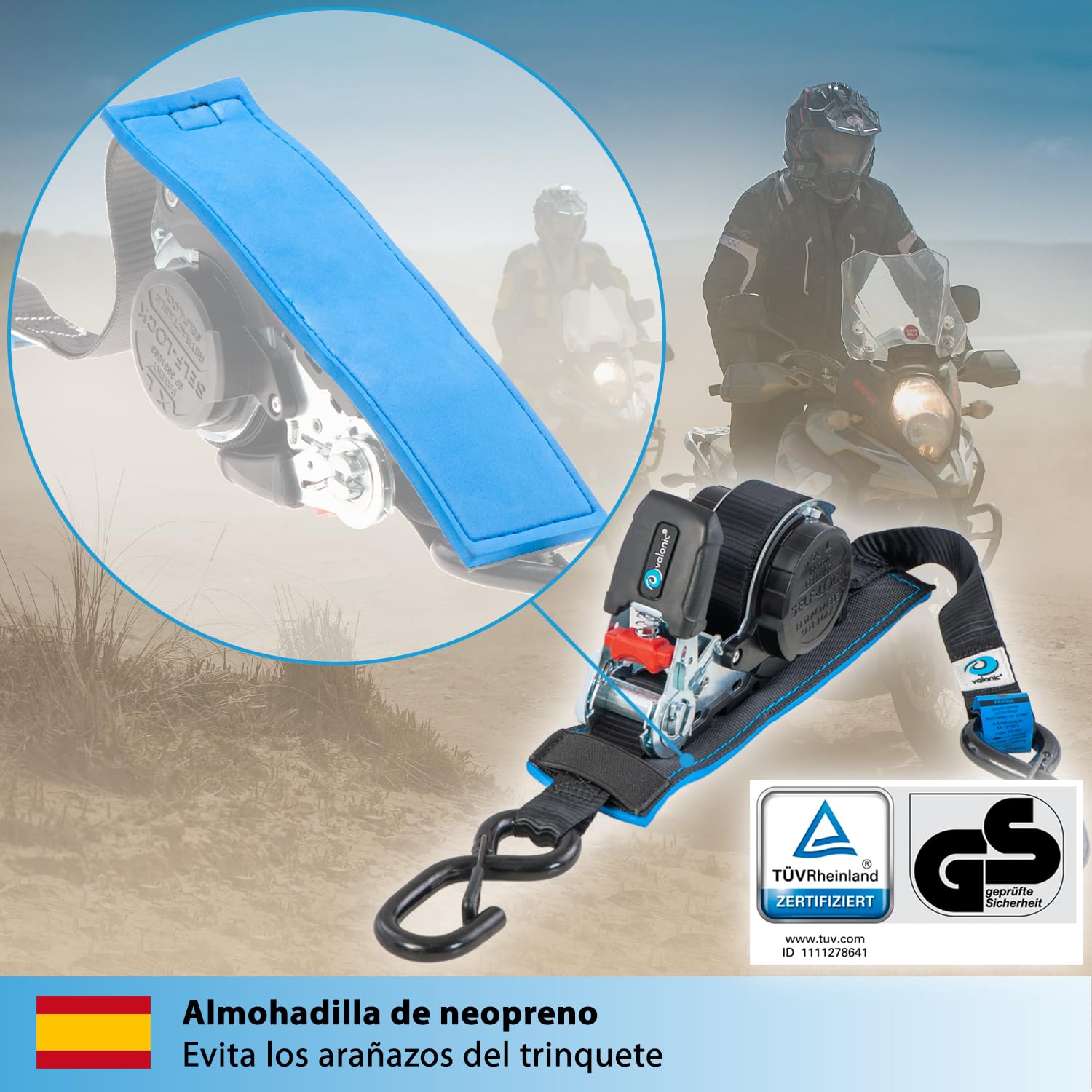valonic Panda - 2X 5m Cinchas de Amarre automáticas con mosquetón, 25mm, 300/600 KG, Acolchadas, Certificado TÜV Rheinl. & GS, EN-12195-2 - con trinquete, Negro