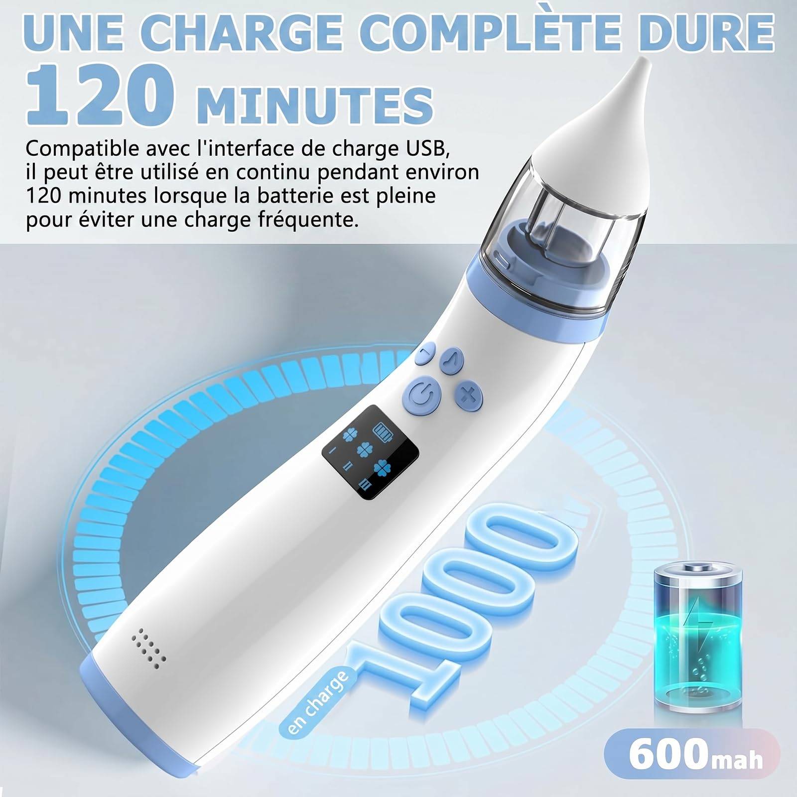 Aspirateur Nasal Électrique Bébé Rechargeable 3 Niveaux d'Aspiration 2 Embouts Musique Lumière Douce