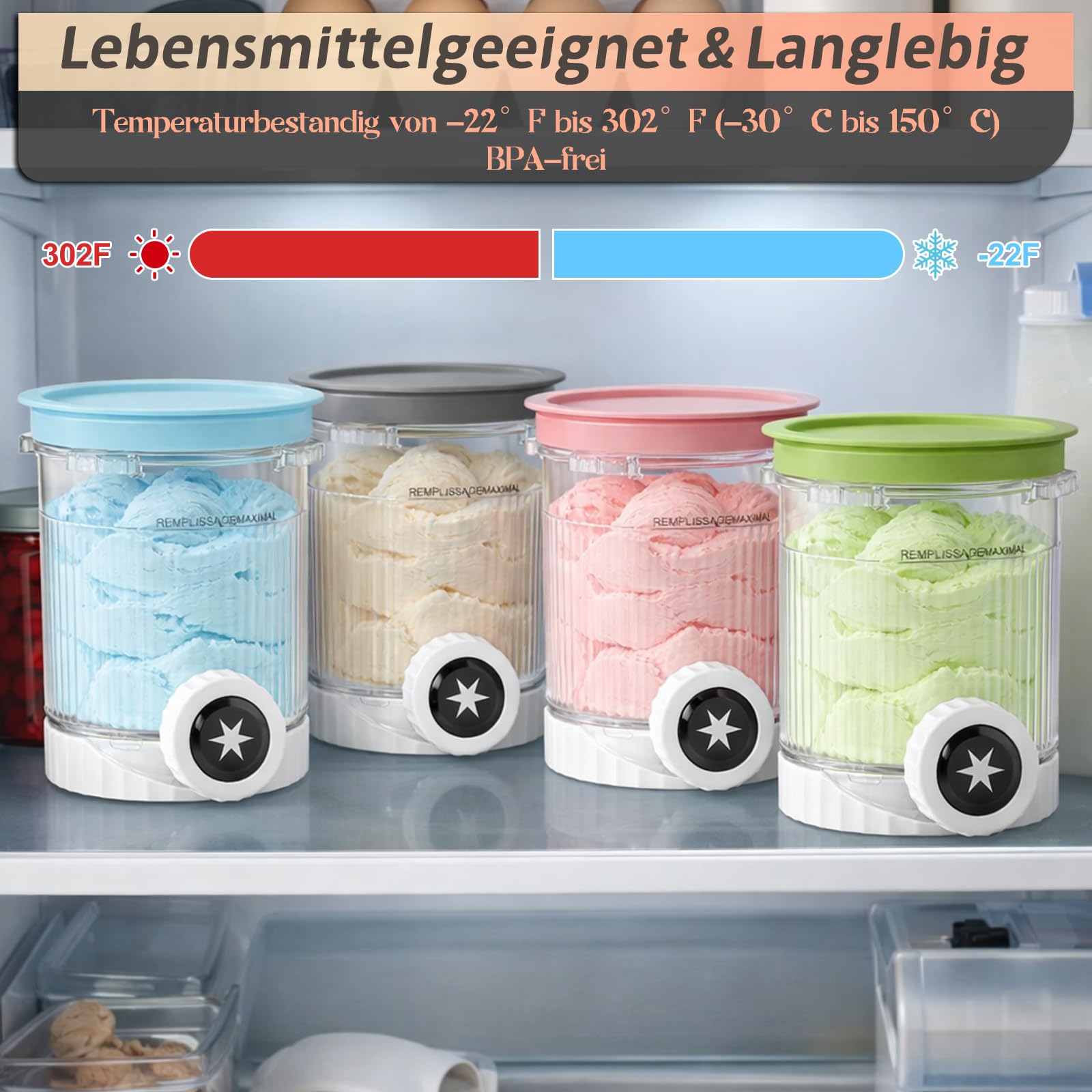 4 Stück Behälter für Ninja Swirl by CREAMi Softeis- & Eismaschine, Swirl Pints und Deckel kompatibel mit Ninja NC700 NC701EU Serie, BPA-frei & Spülmaschinenfest, 1 Metallschaufel und 4 Löffel