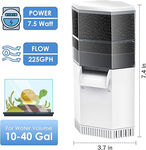 Miniatura 6 de AquaMiracle Filtro de tanque de tortuga de 225 GPH de 3 etapas súper silencioso de bajo nivel de agua para agua de 10 a 40 galones, filtro de